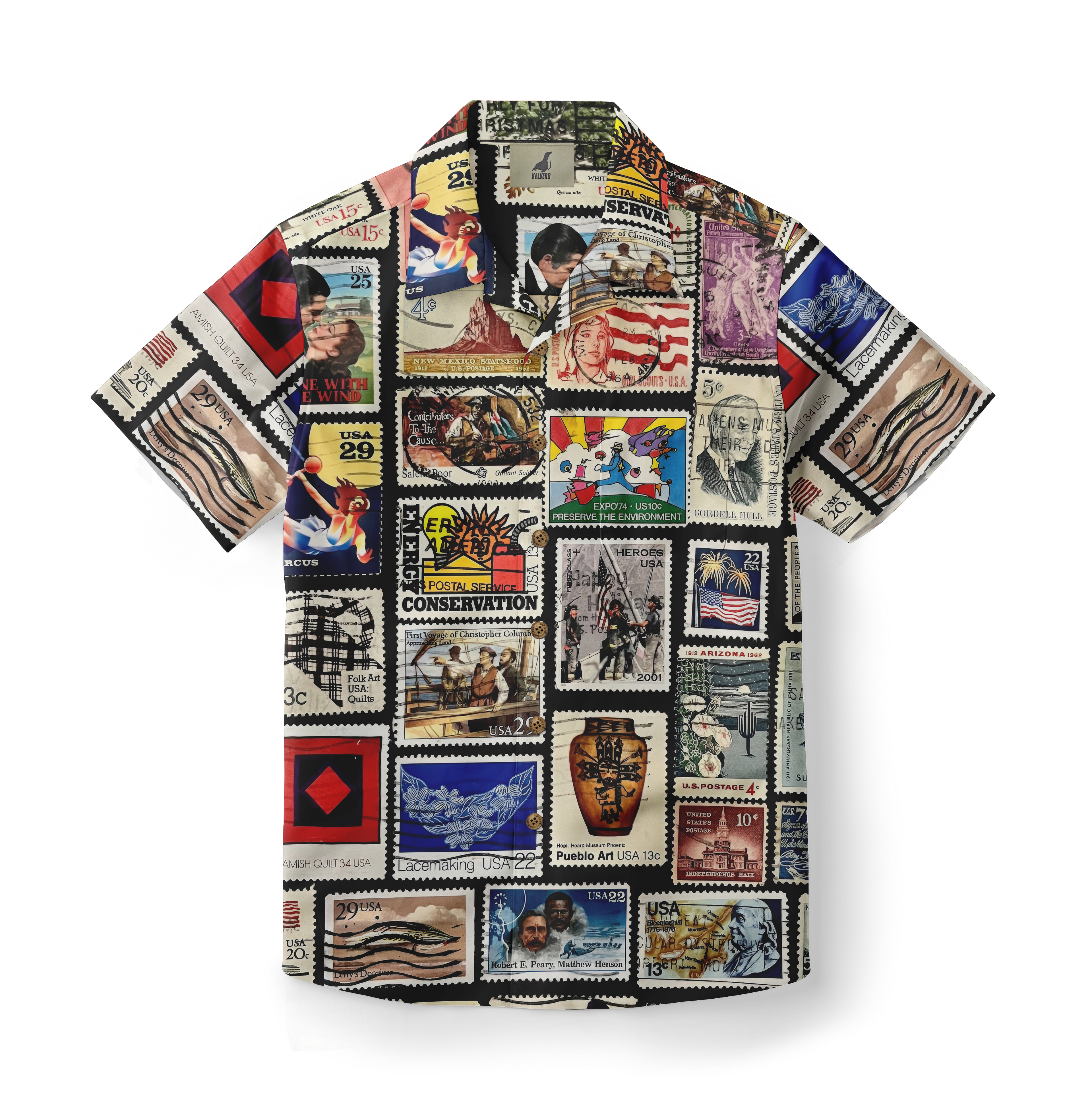 Colorful shirt with vintage postage stamp designs.