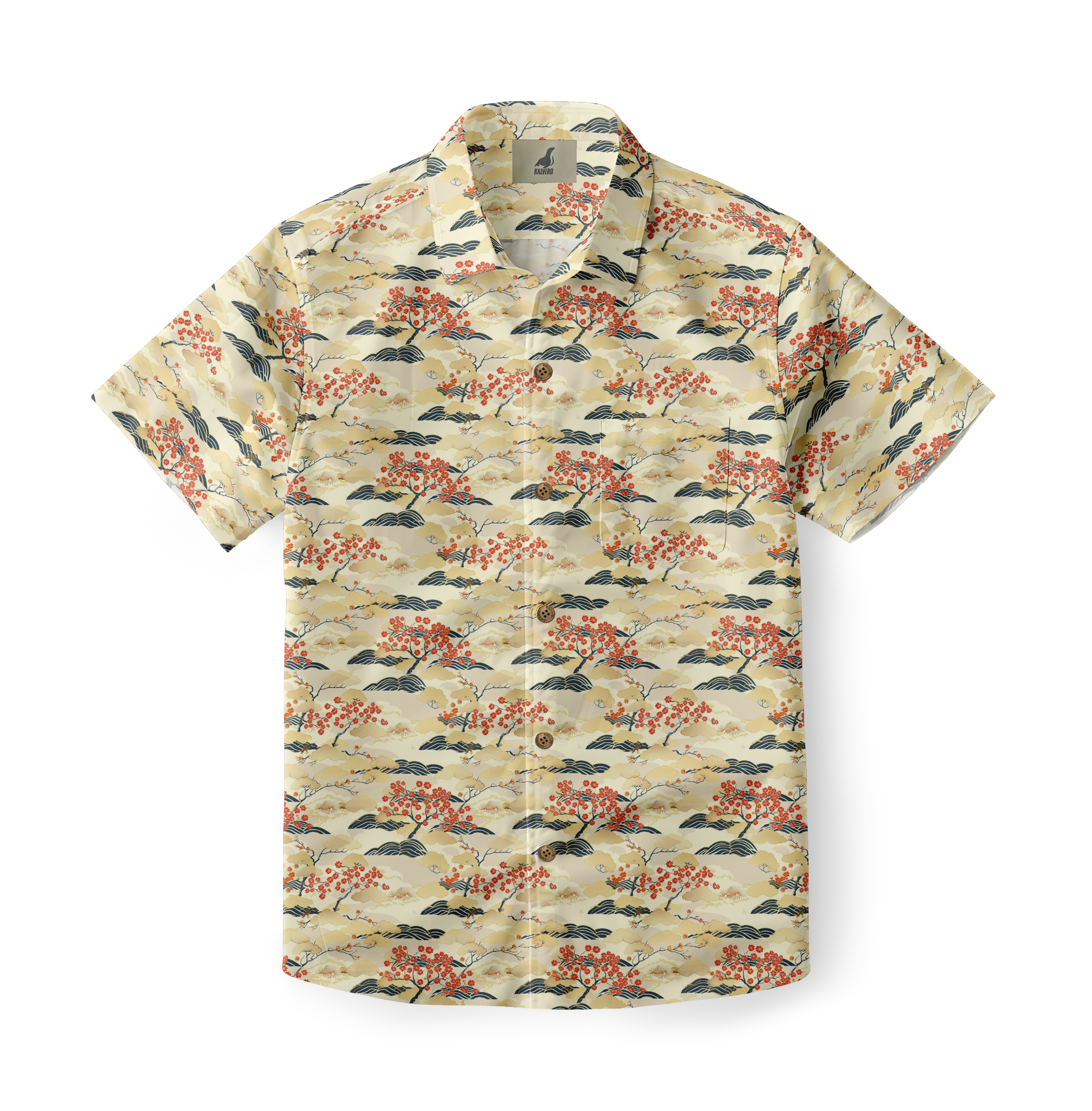 Beige short-sleeve shirt with red floral and blue wave patterns.