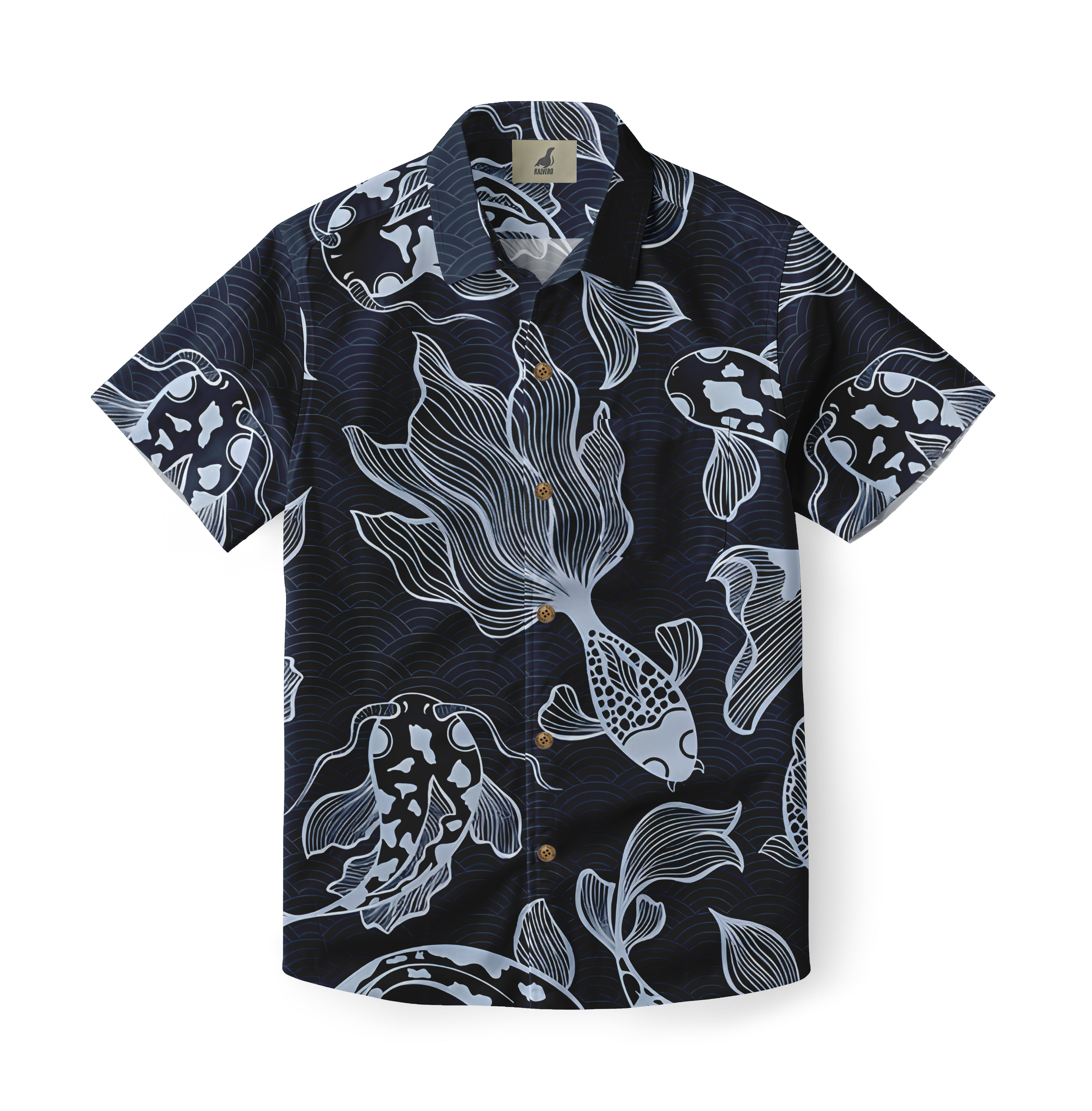 Dark blue Hawaiian shirt with white koi fish and wave patterns.