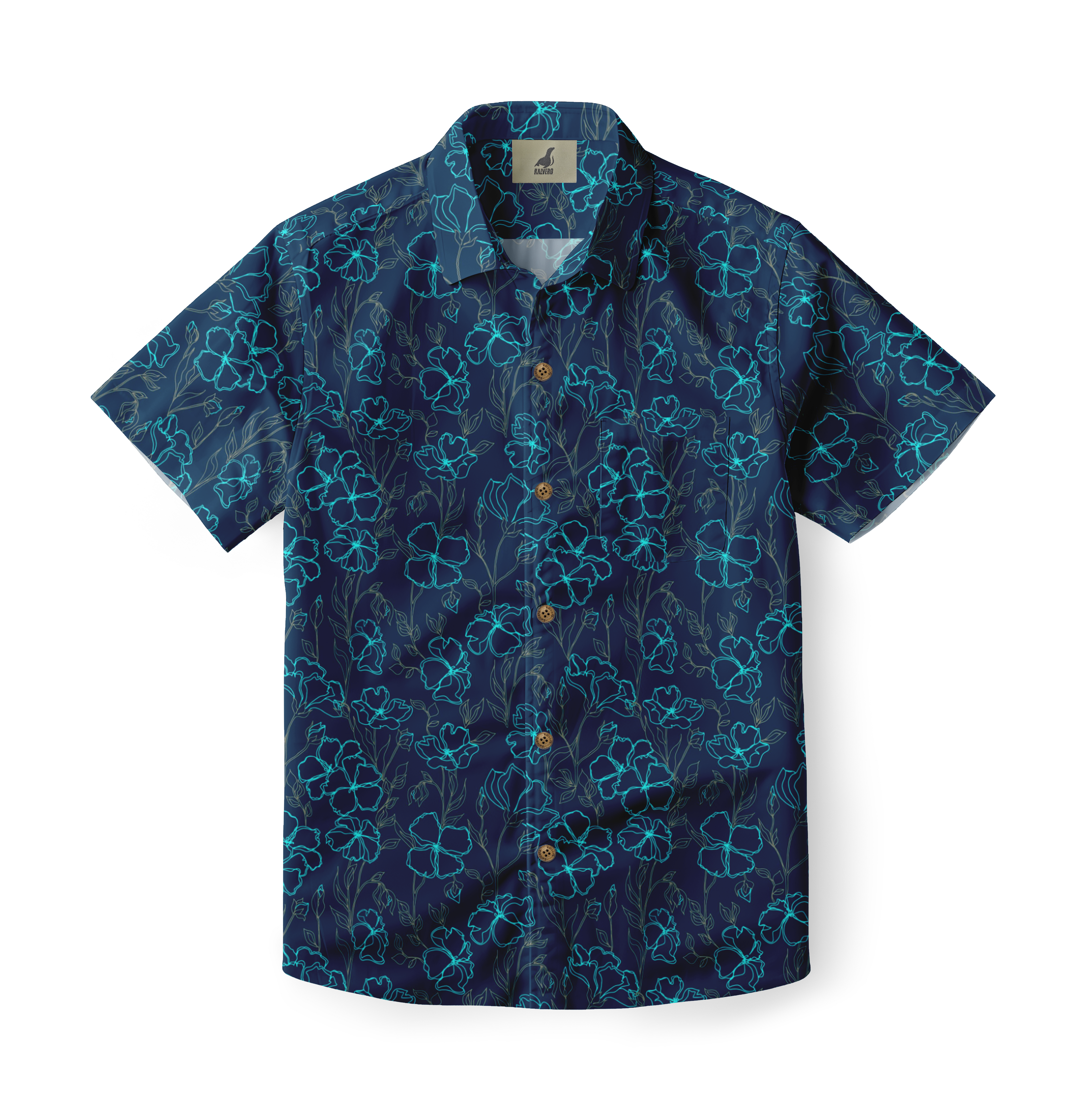 Navy blue short-sleeve shirt with teal floral pattern and wooden.