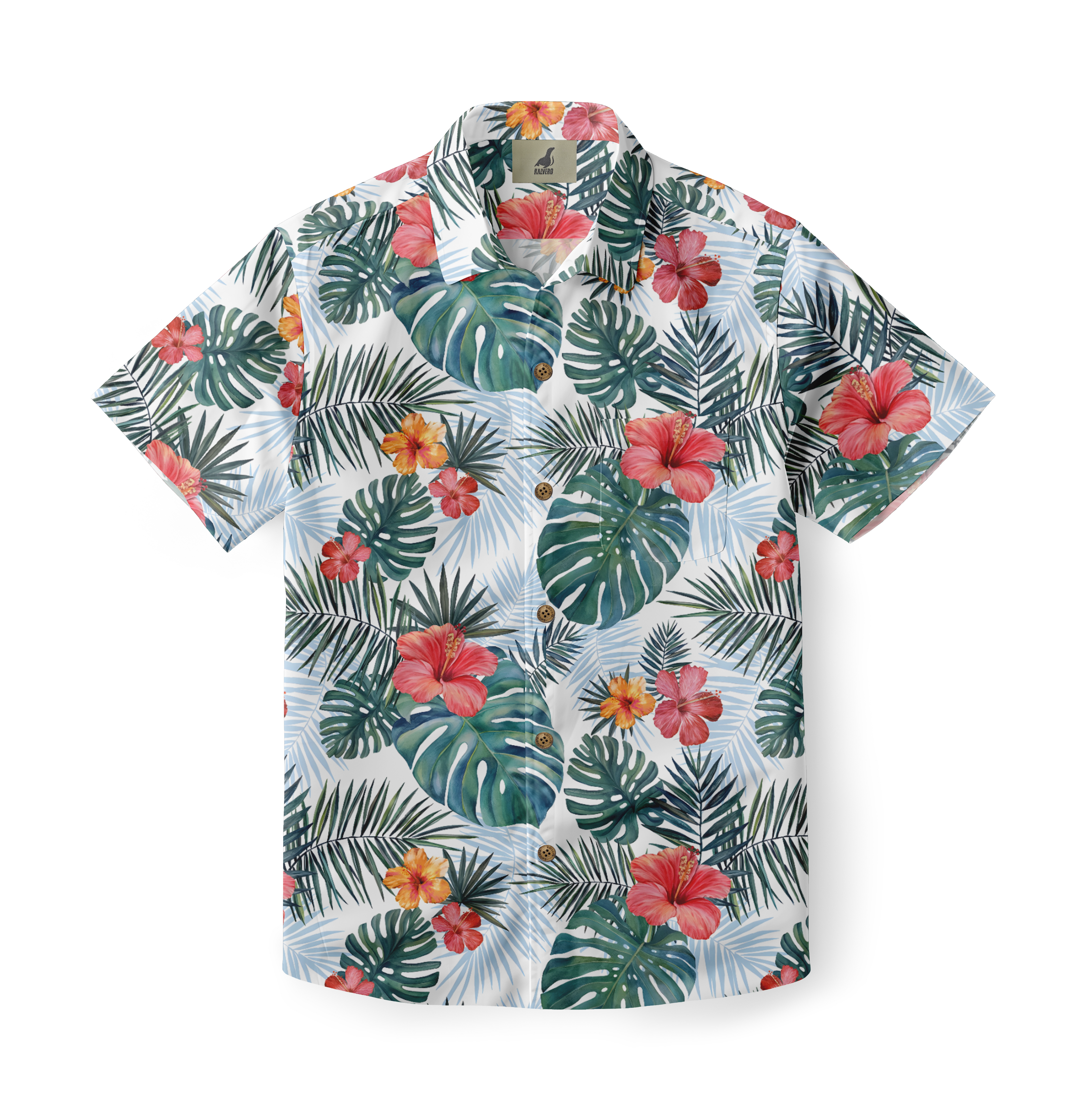 White shirt with tropical leaves and flowers pattern.