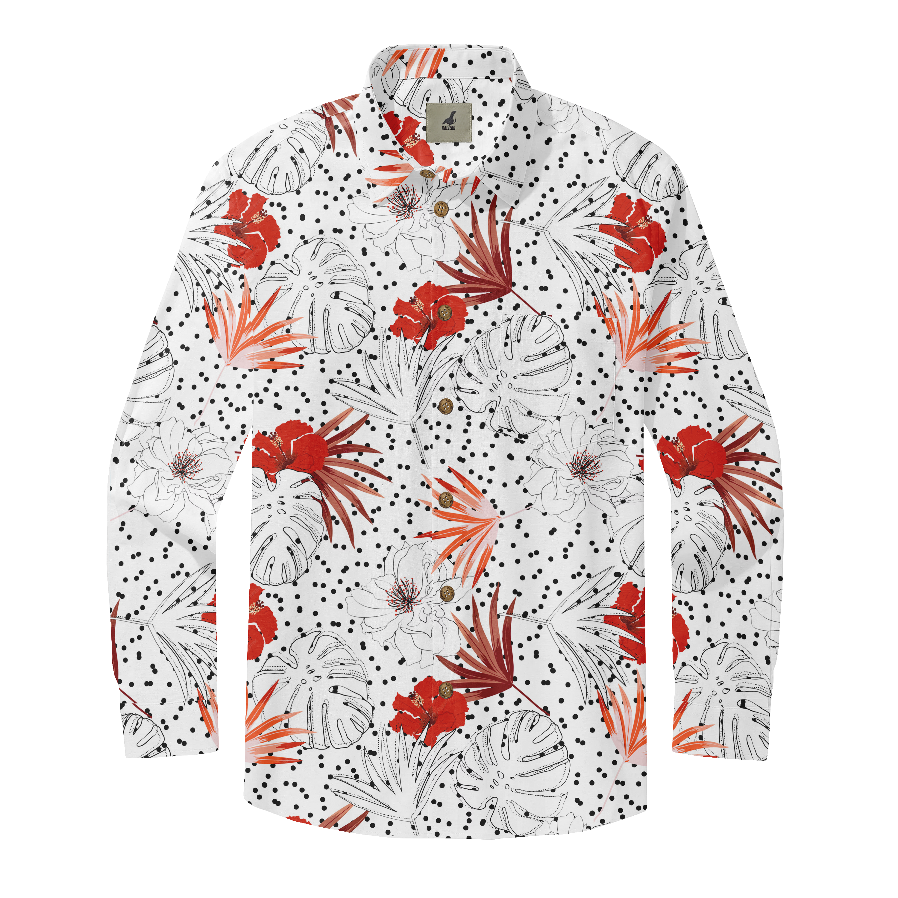 White long-sleeve shirt with tropical floral pattern, red flowers.
