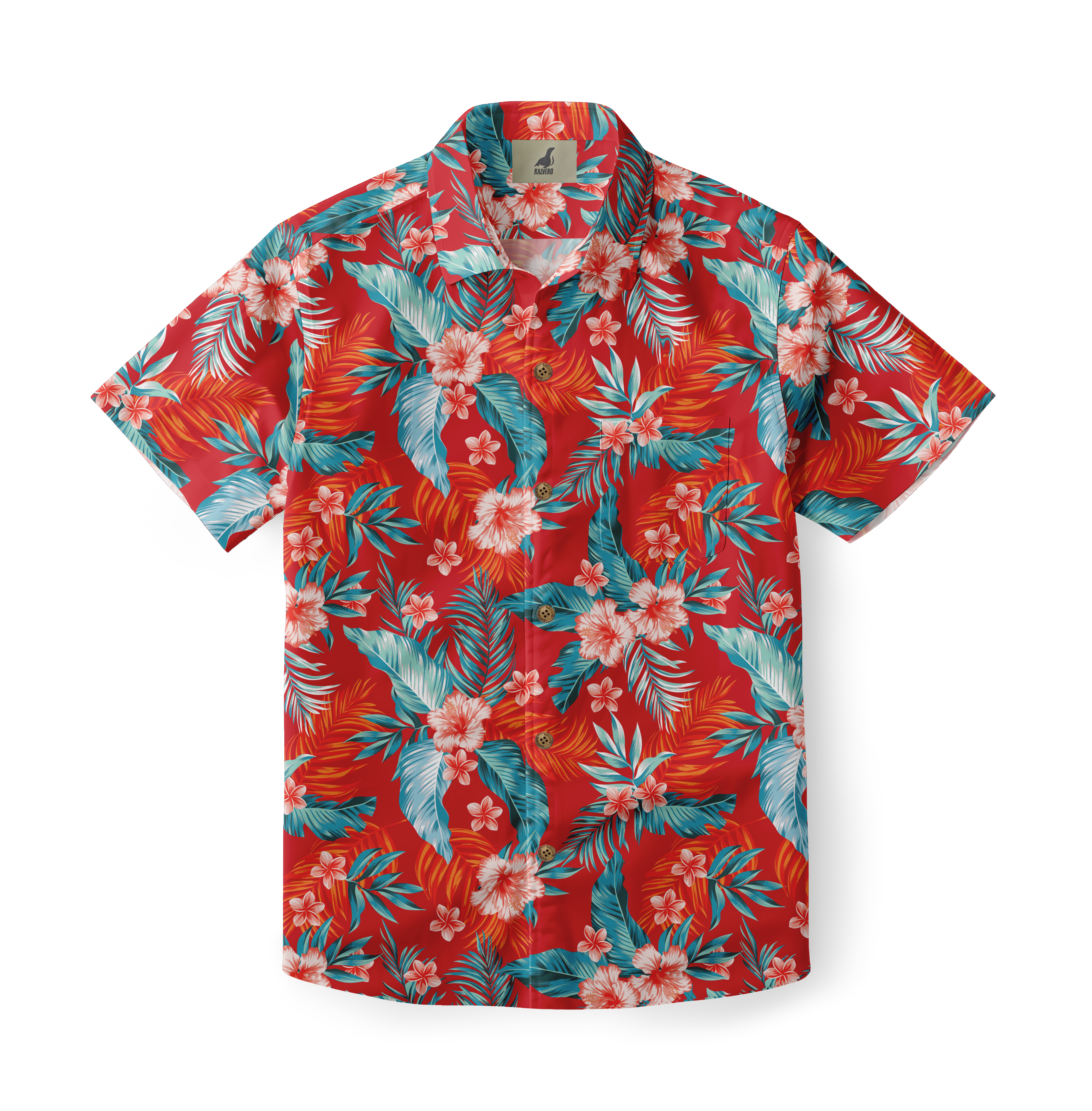 Red Hawaiian shirt with tropical flowers and leaves.
