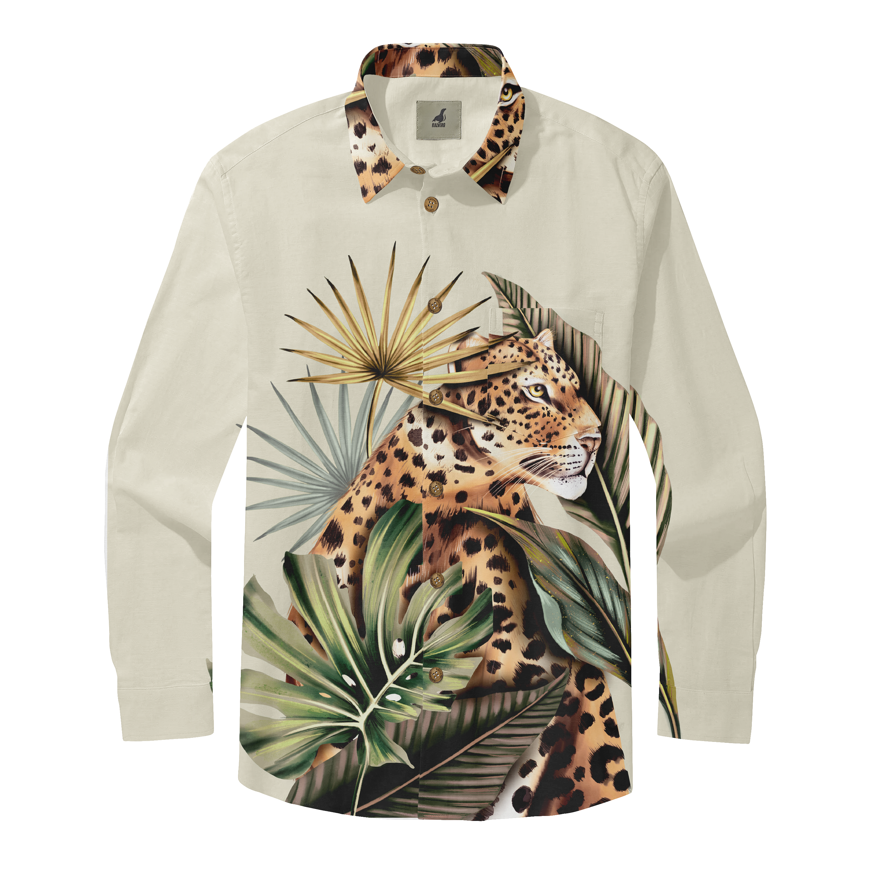 Cream shirt with leopard and tropical leaf print, featuring a bold.