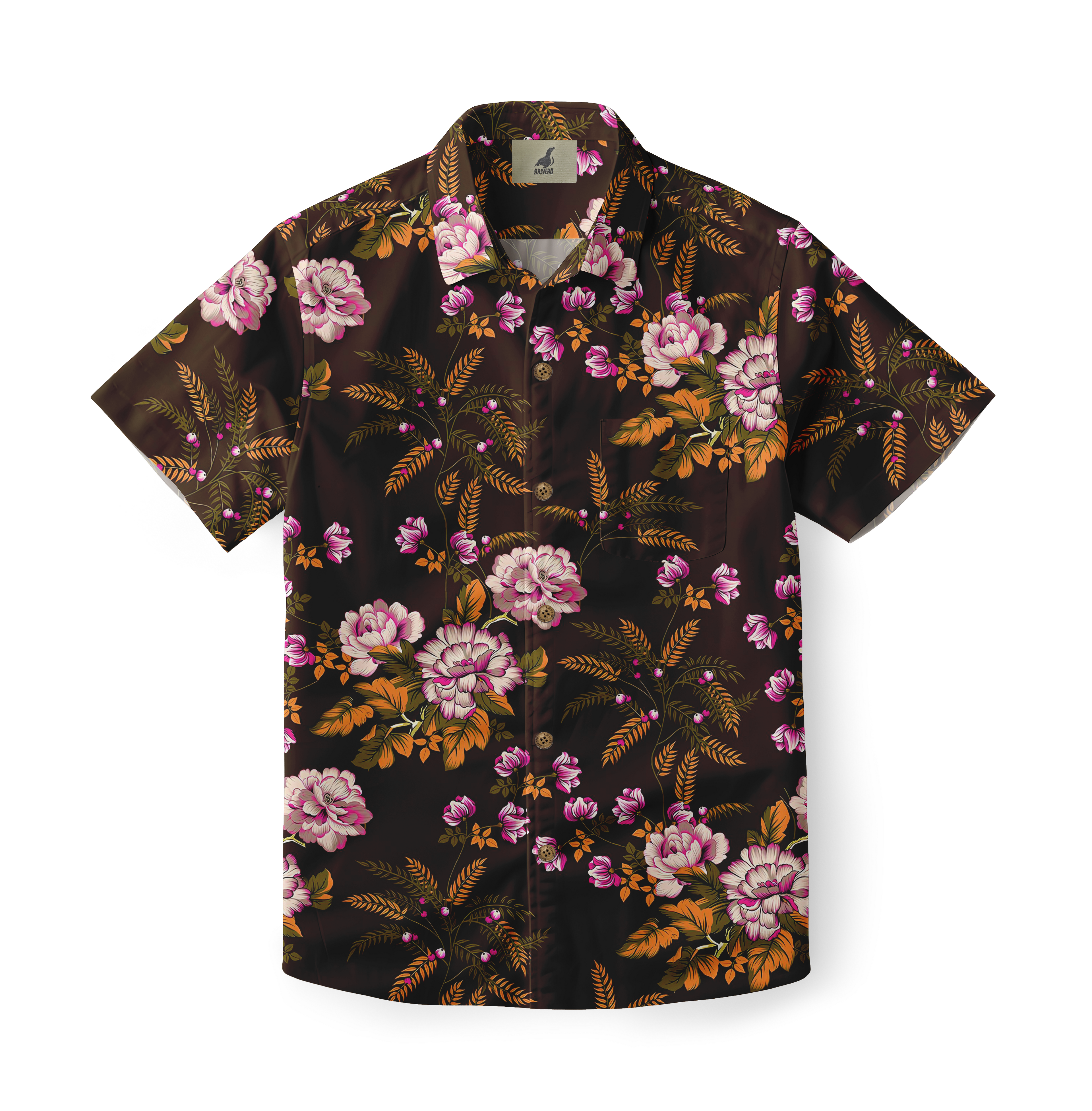 Dark brown floral shirt with pink and orange flowers, short sleeves.