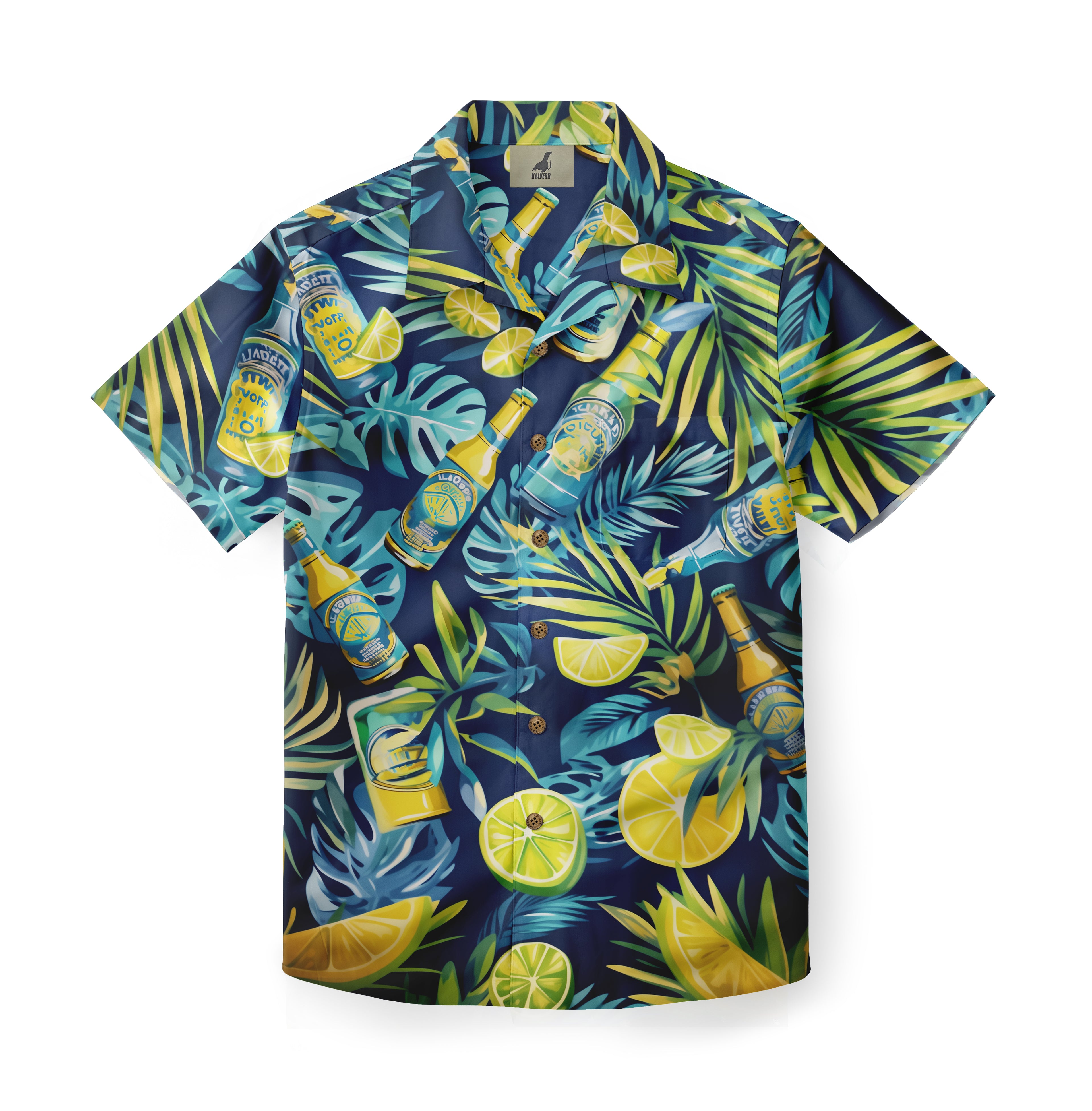 Blue shirt with tropical leaves, lemons, and beer bottles.