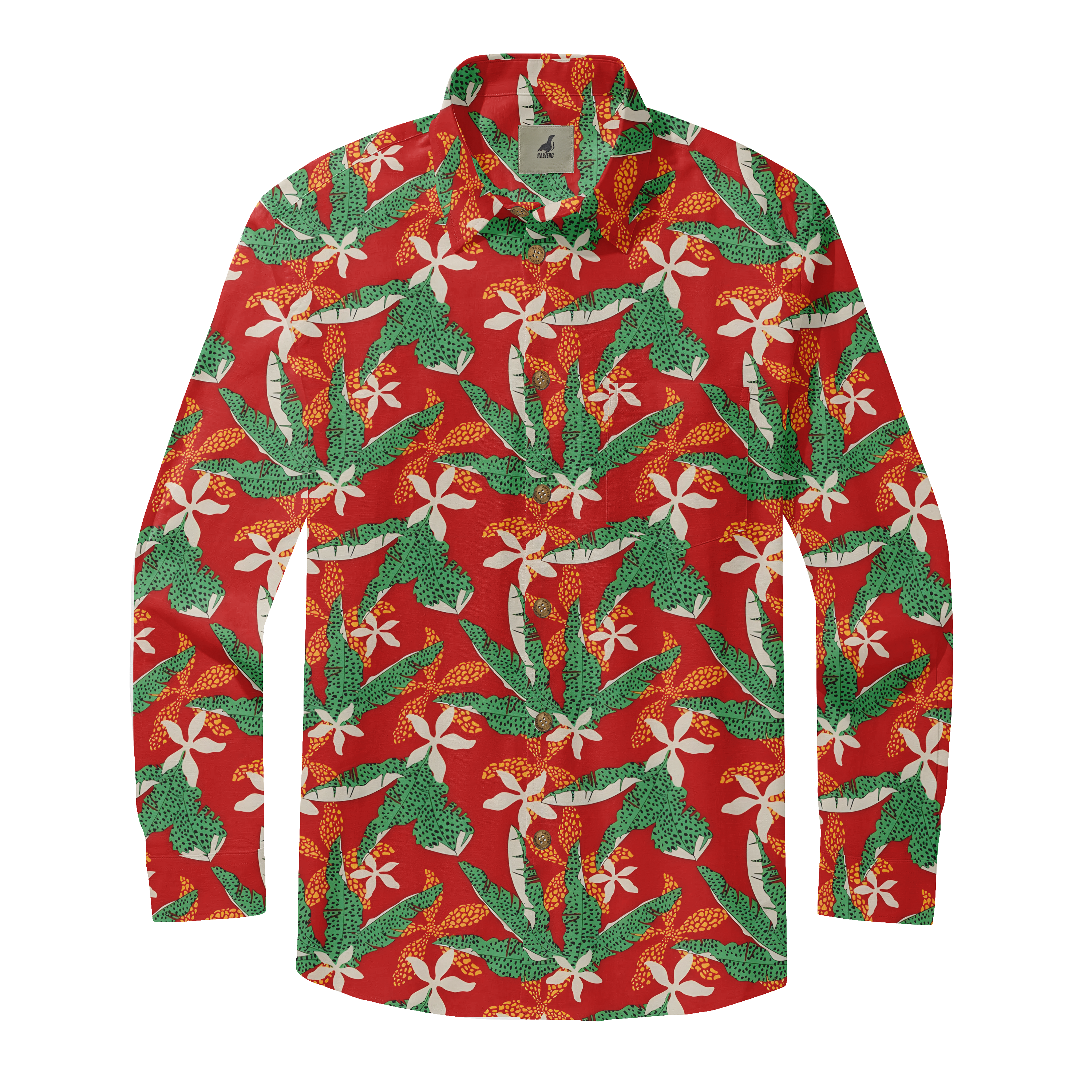 Red long-sleeve shirt with green leaves, white flowers, and orange.