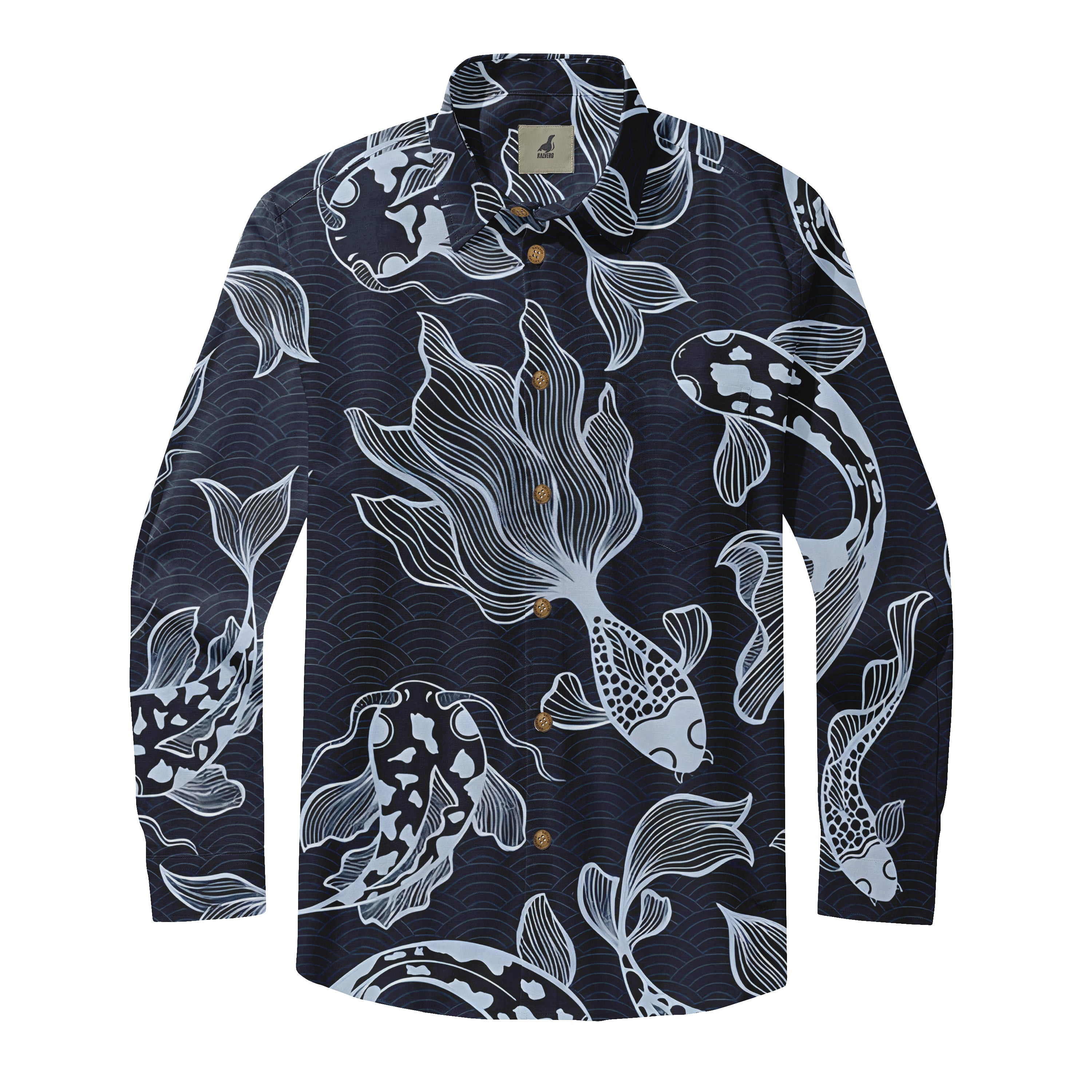Dark blue long-sleeve shirt with white koi fish and wave patterns.