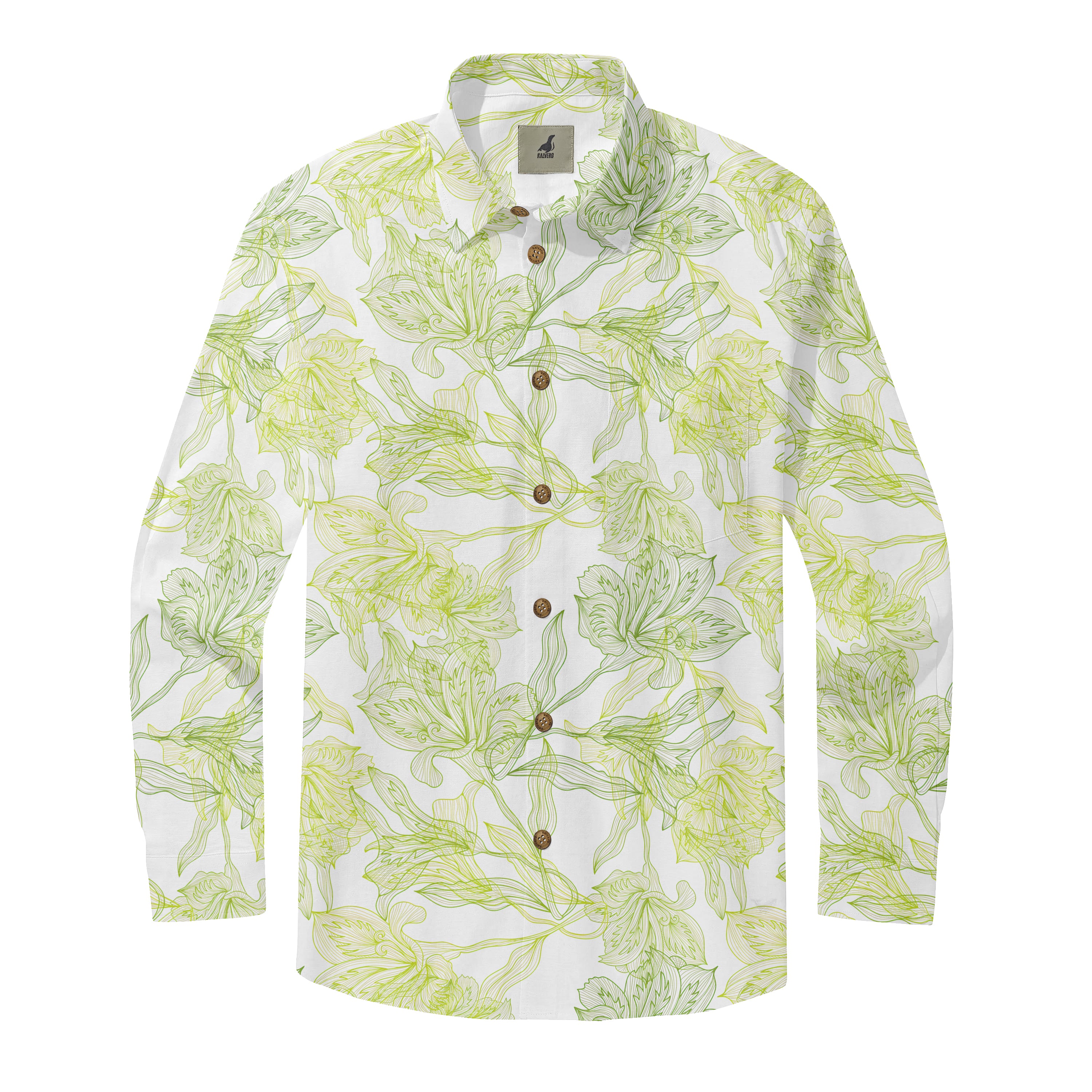 White shirt with green floral pattern and brown buttons.