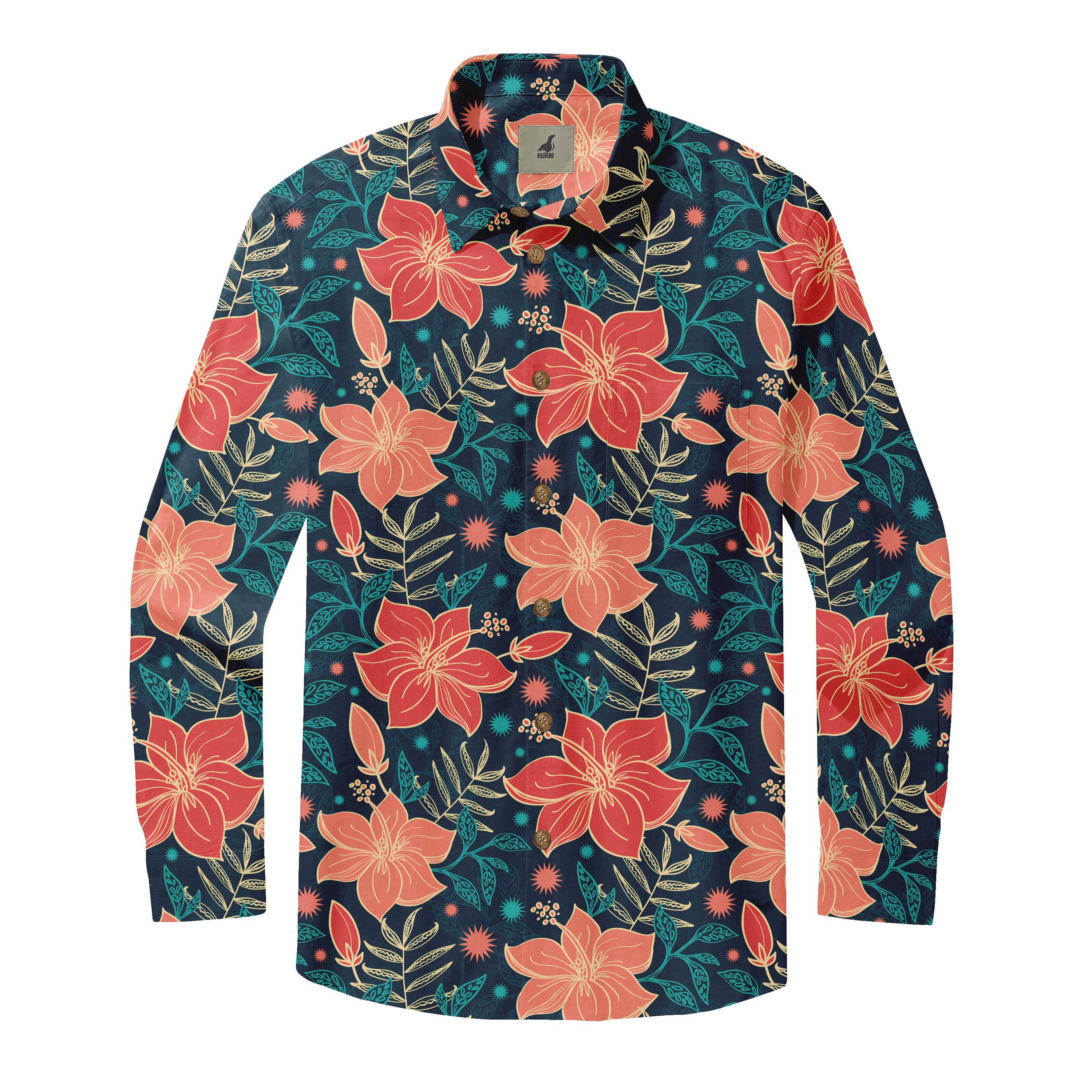 Navy shirt with red lily flowers and green leaves pattern.