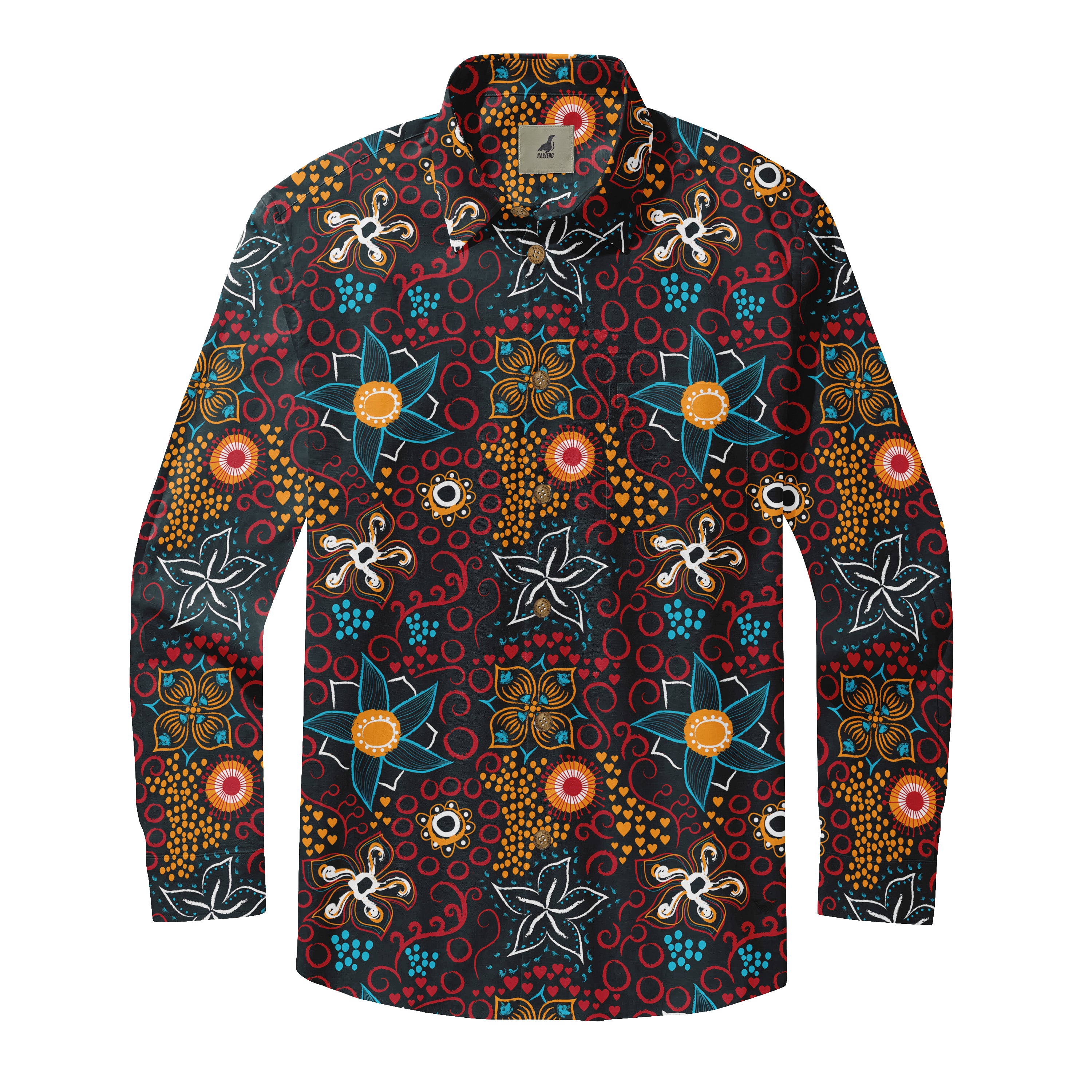 Colorful floral patterned long-sleeve shirt.