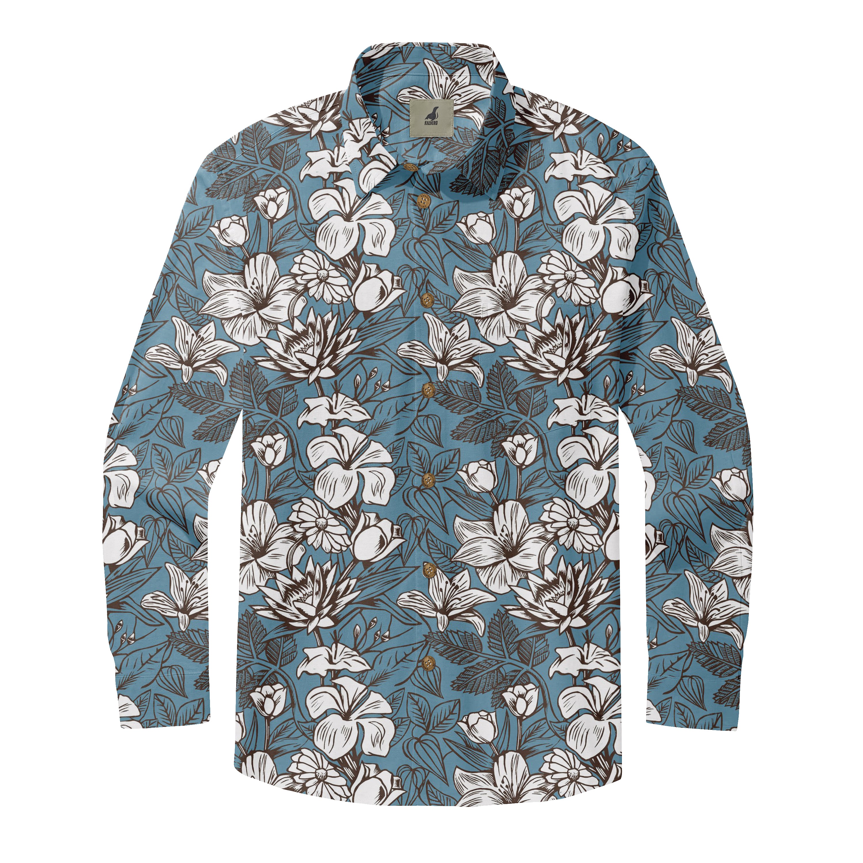 Blue long-sleeve shirt with white and brown floral pattern, featuring.