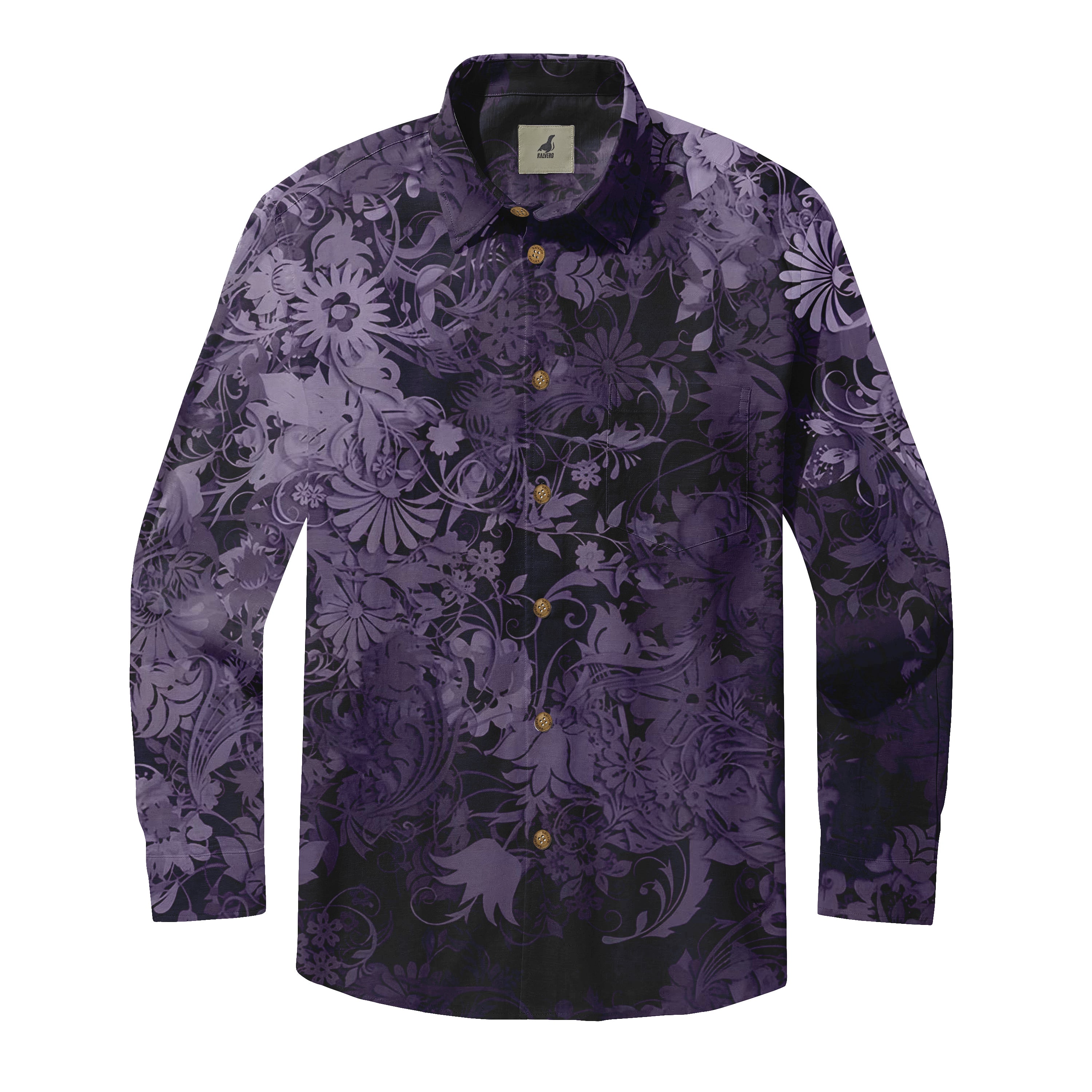 Purple floral pattern long-sleeve shirt with gold buttons and collar.