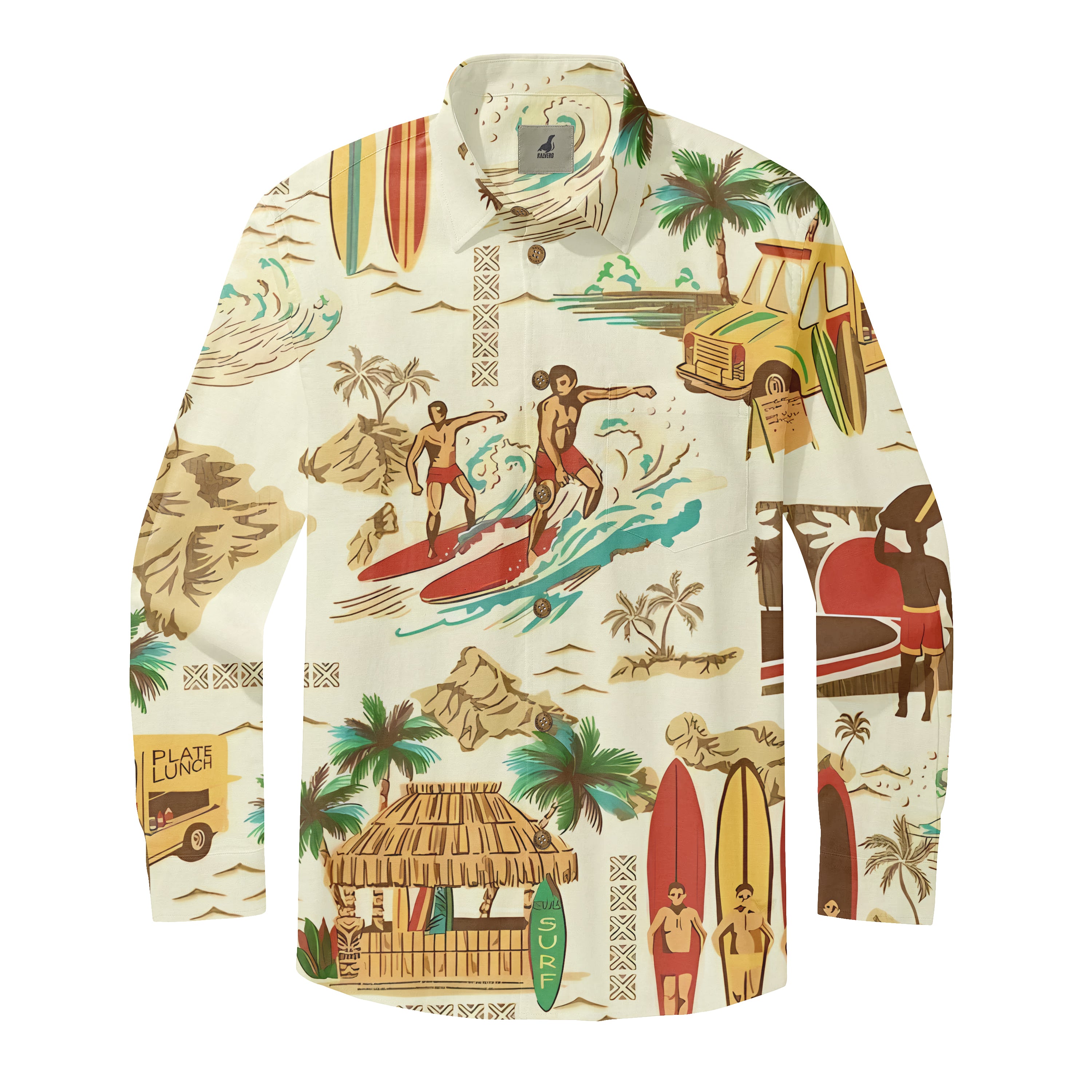Beige shirt with surfers, palm trees, and beach scenes.