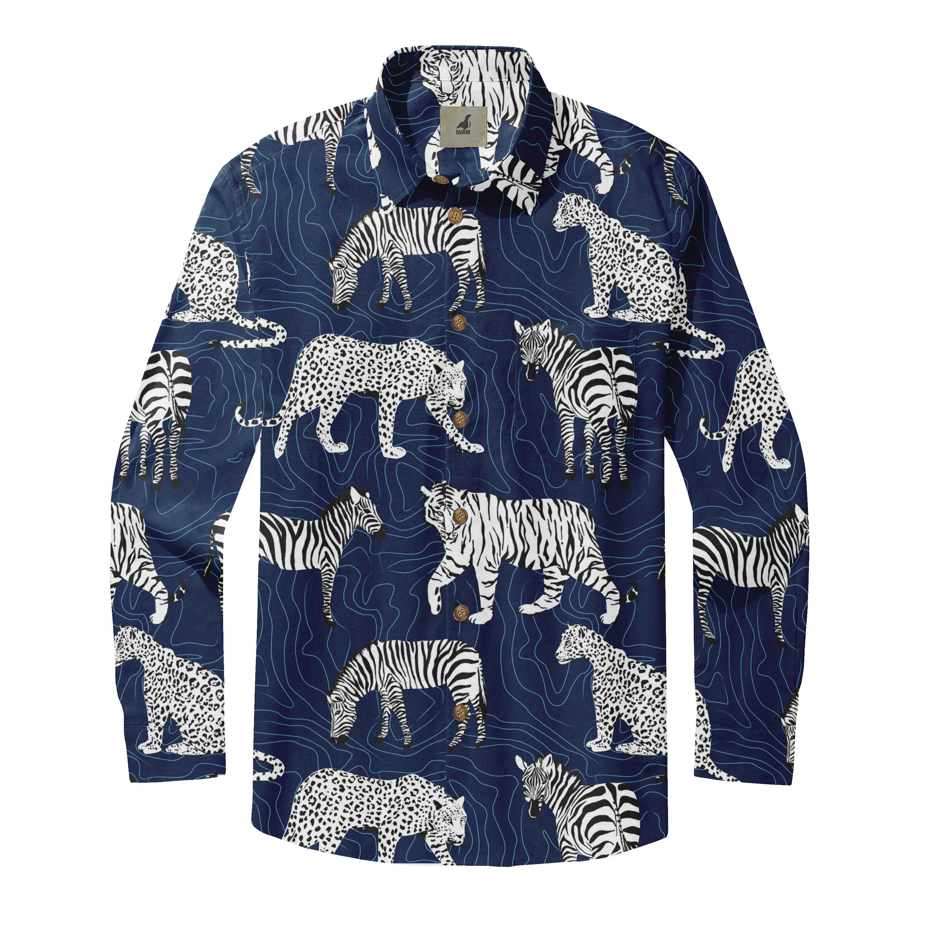 Blue shirt with white tigers, zebras, and leopards on a wavy pattern.