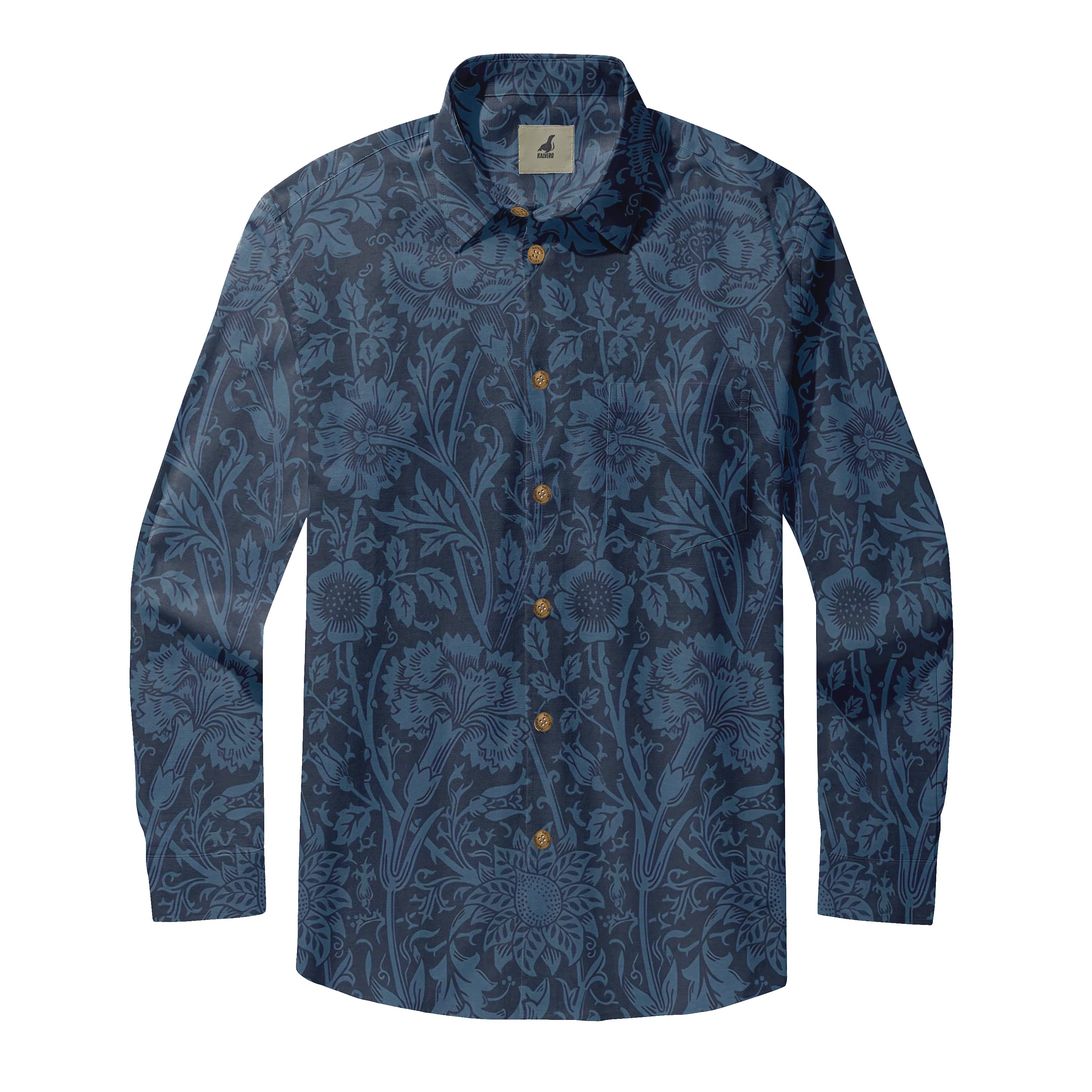 Dark blue floral patterned long-sleeve shirt with gold buttons.
