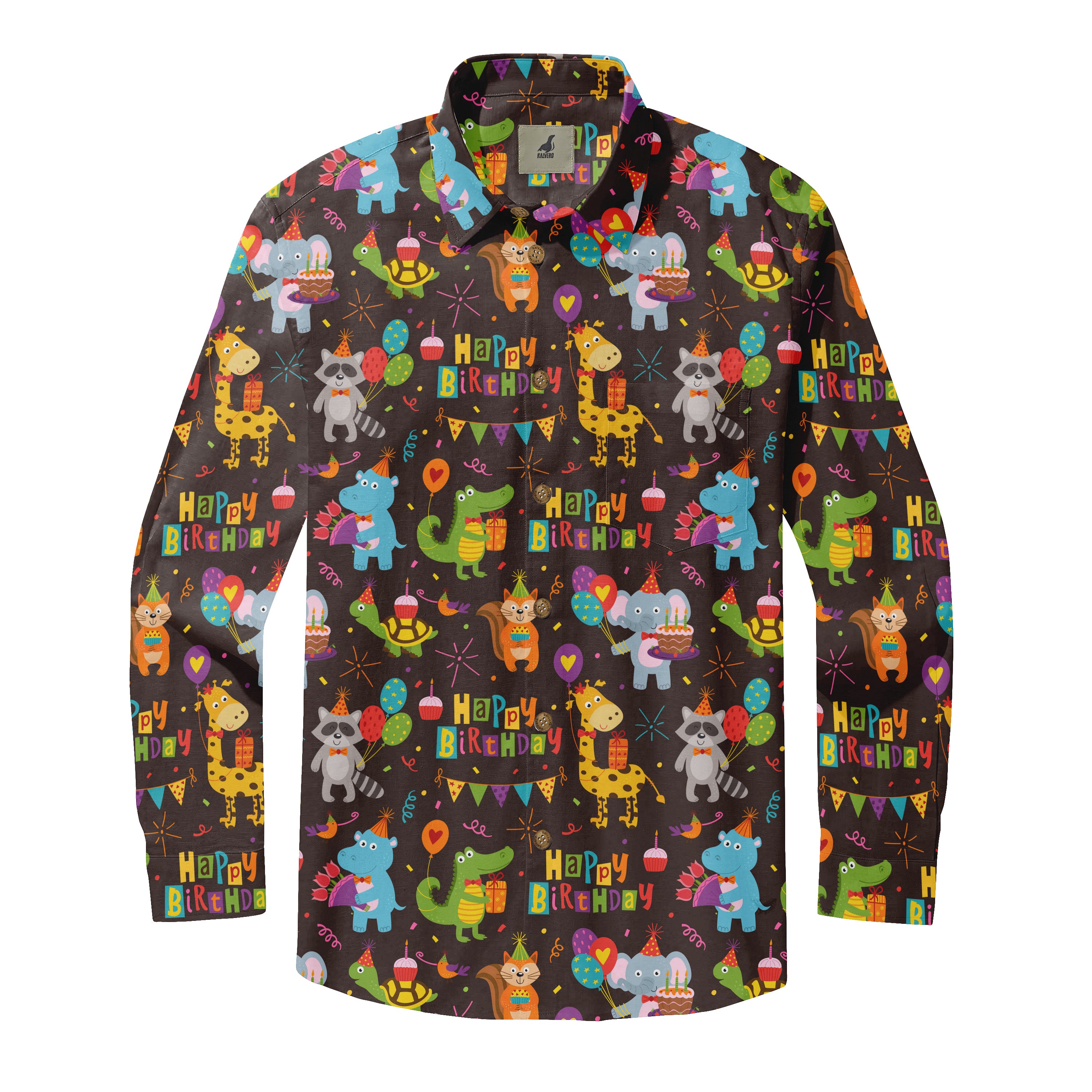 Colorful birthday-themed shirt with animals and balloons.