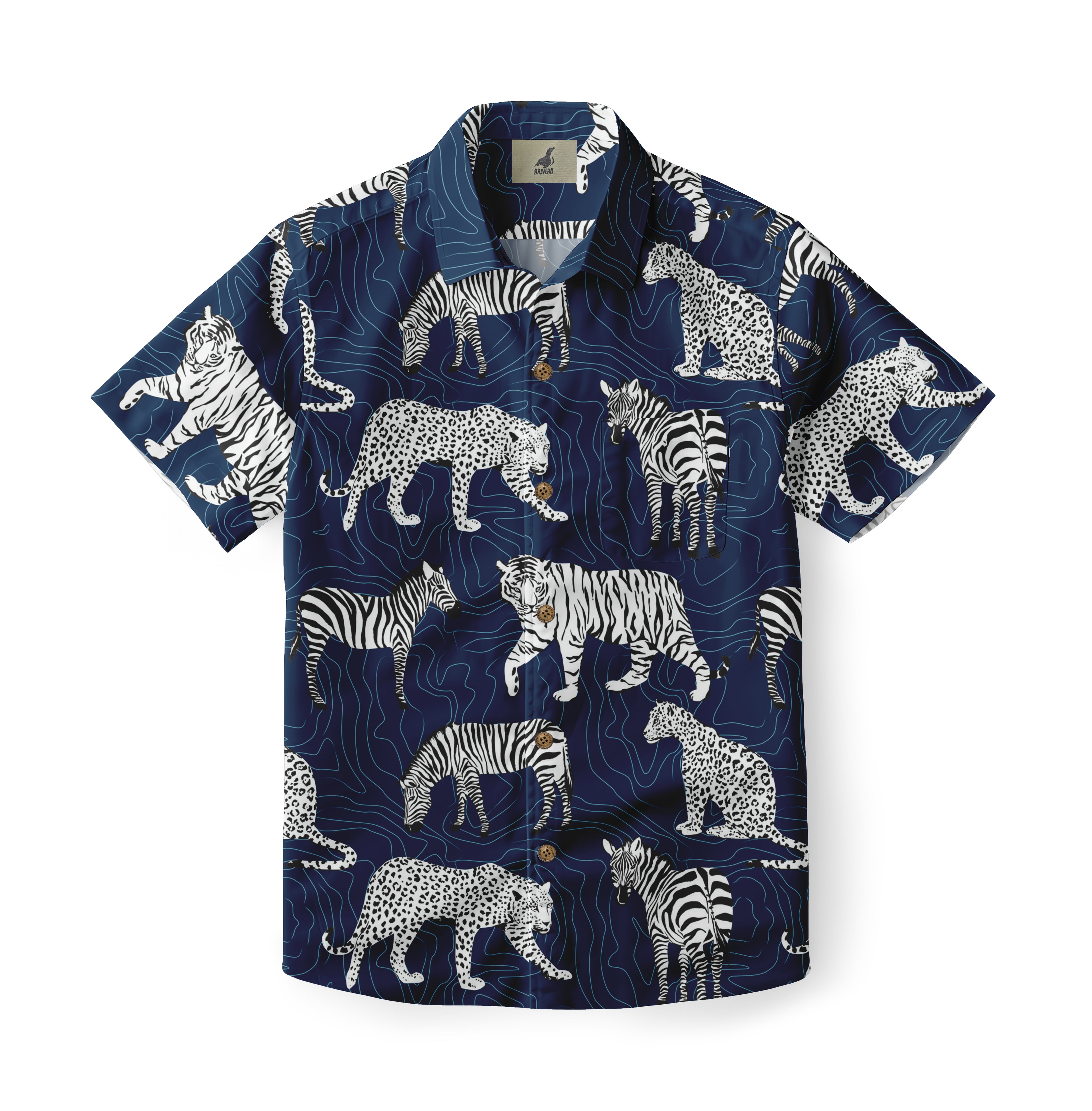 Blue short-sleeve shirt with white tiger and leopard patterns.