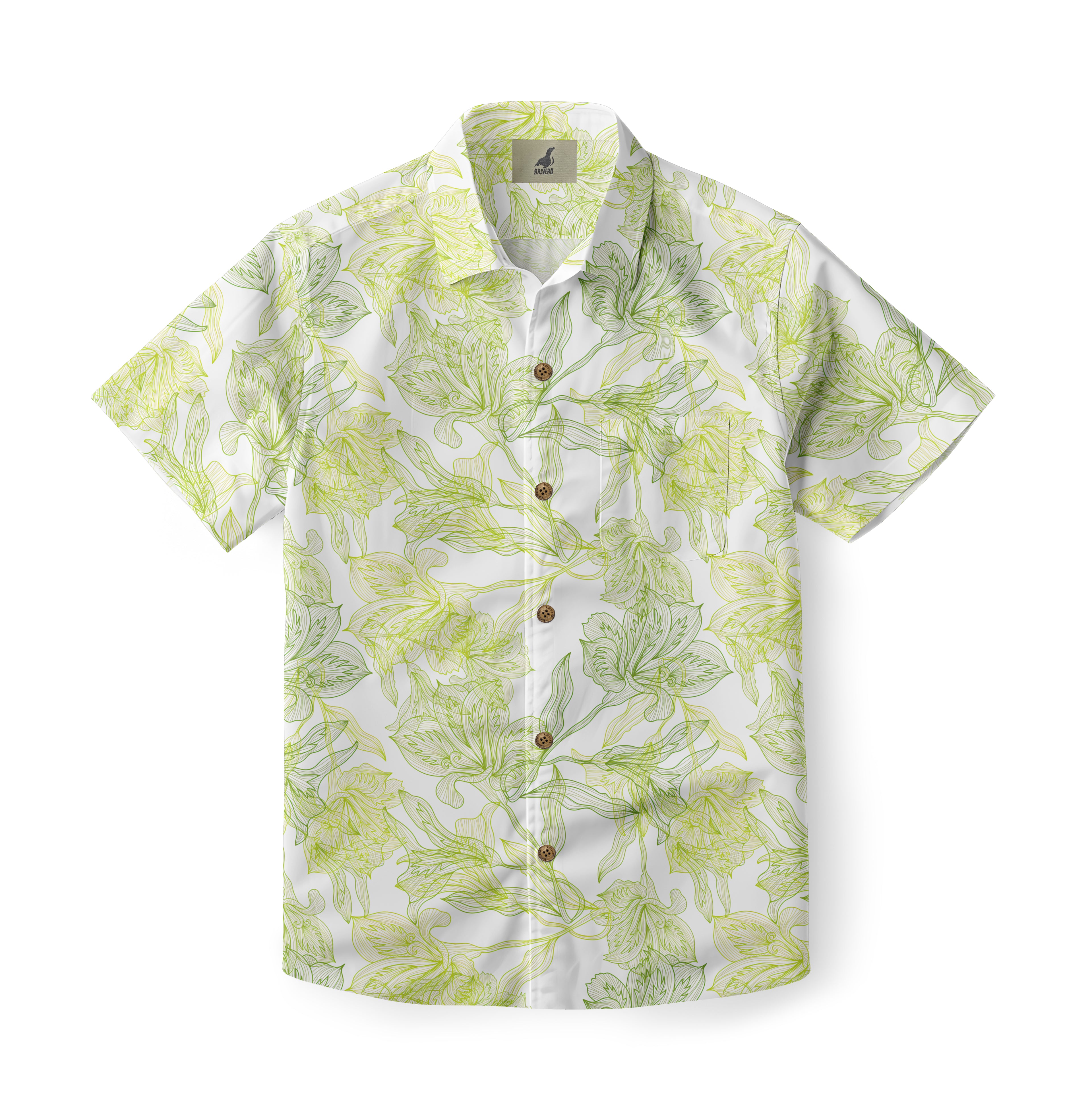 White shirt with green floral pattern and brown buttons.