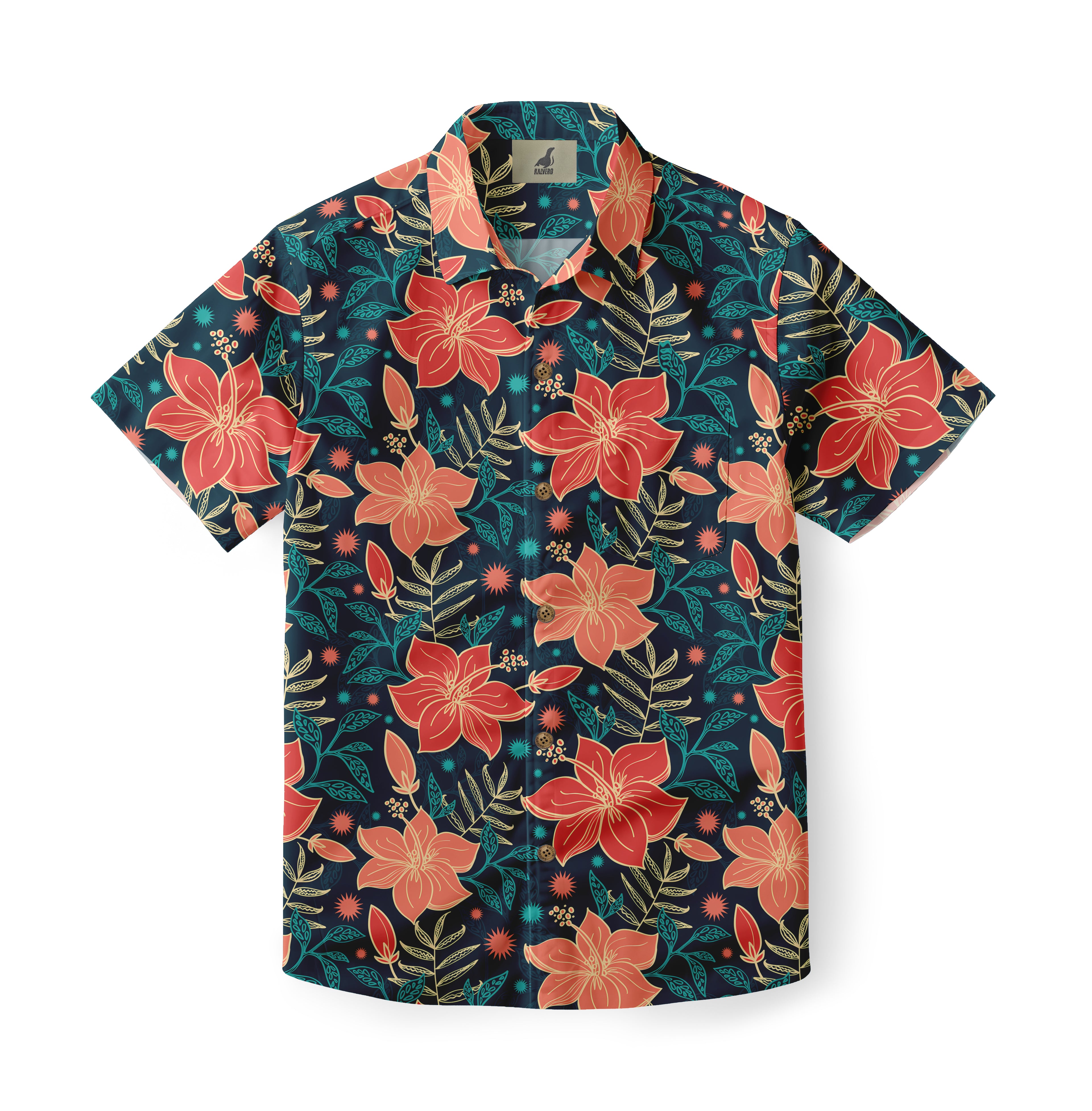 Dark blue shirt with red flowers and green leaves.