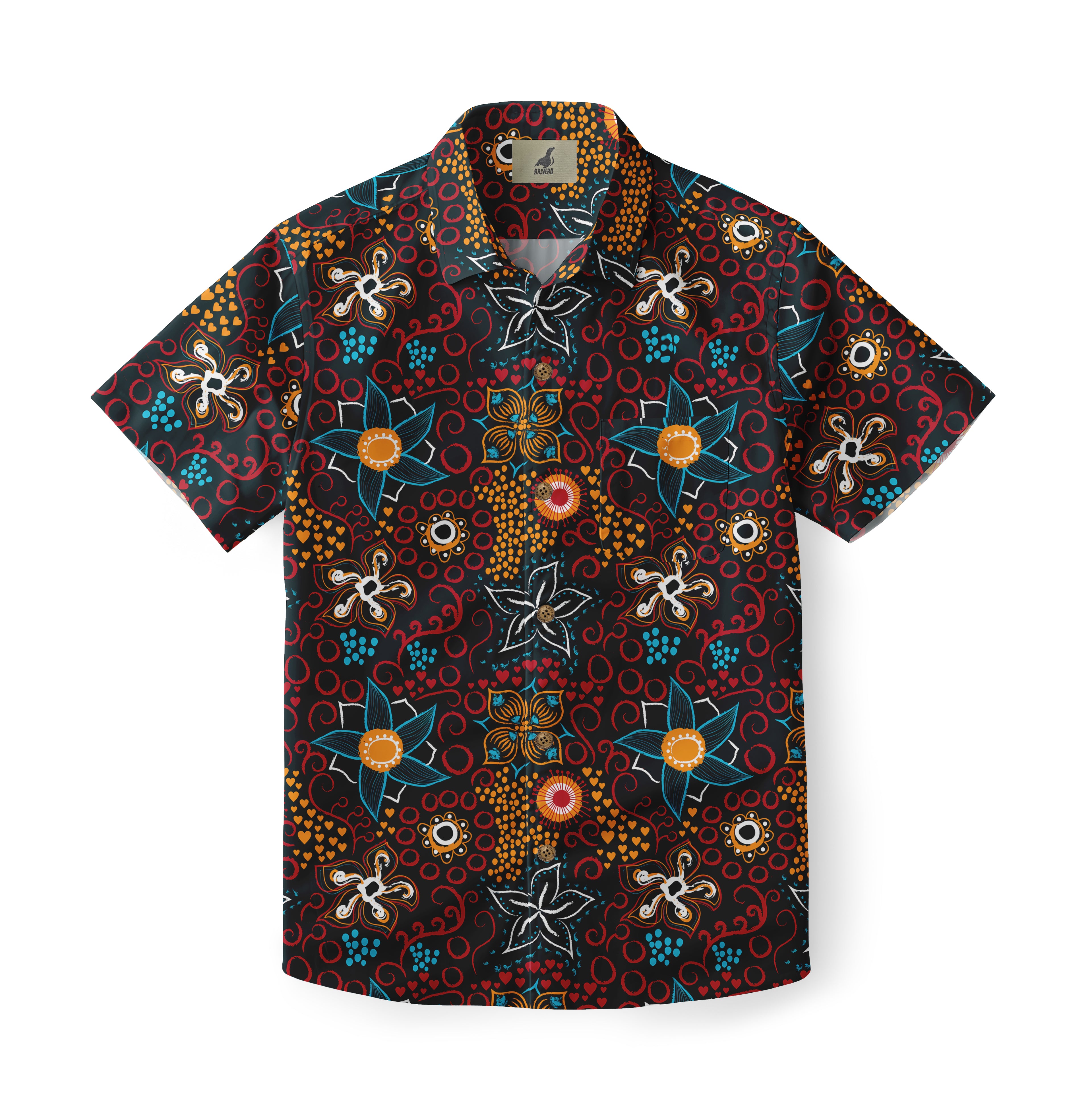 Colorful floral patterned short-sleeve shirt on white background.