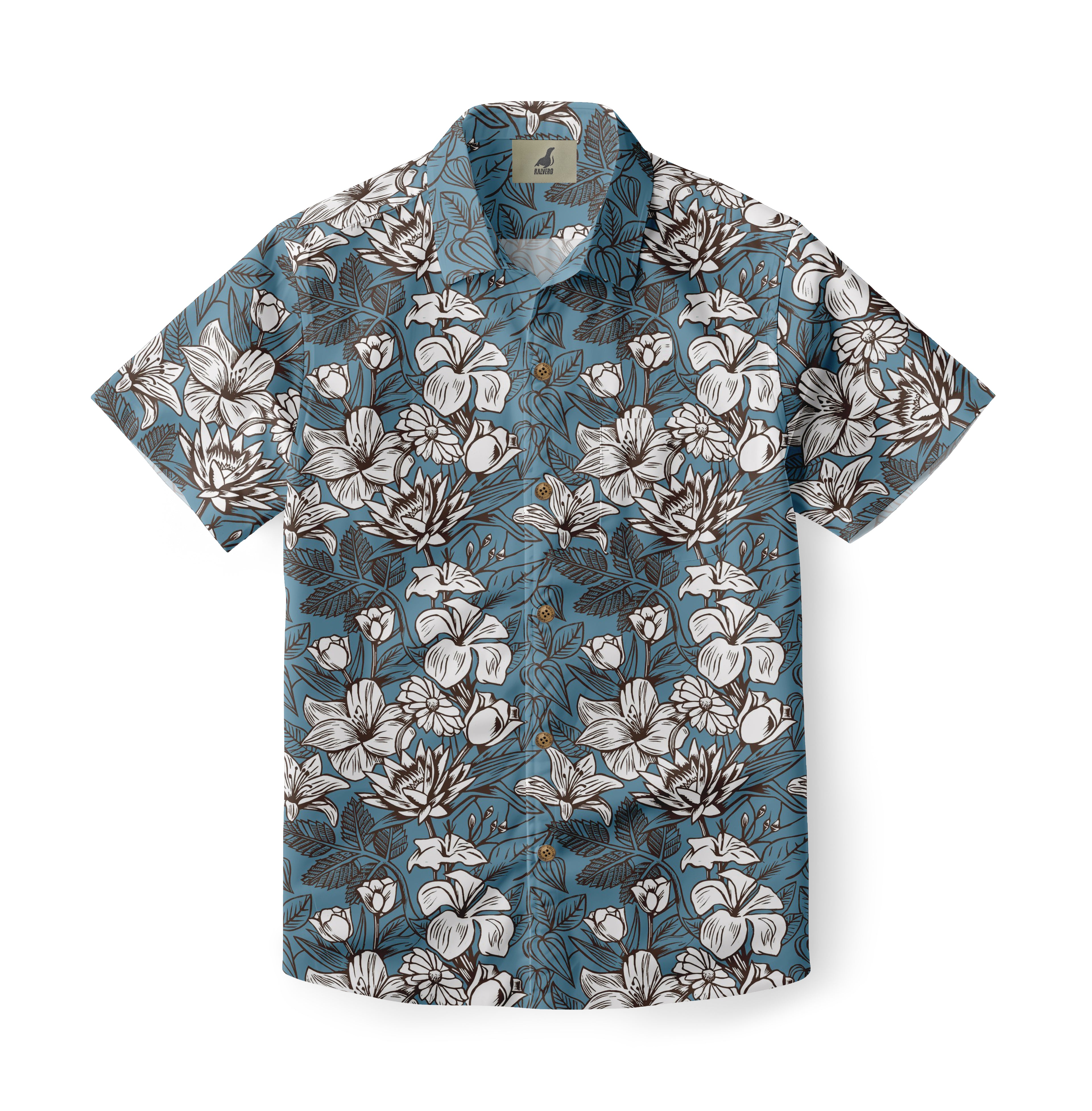Blue short-sleeve shirt with white and brown floral pattern.