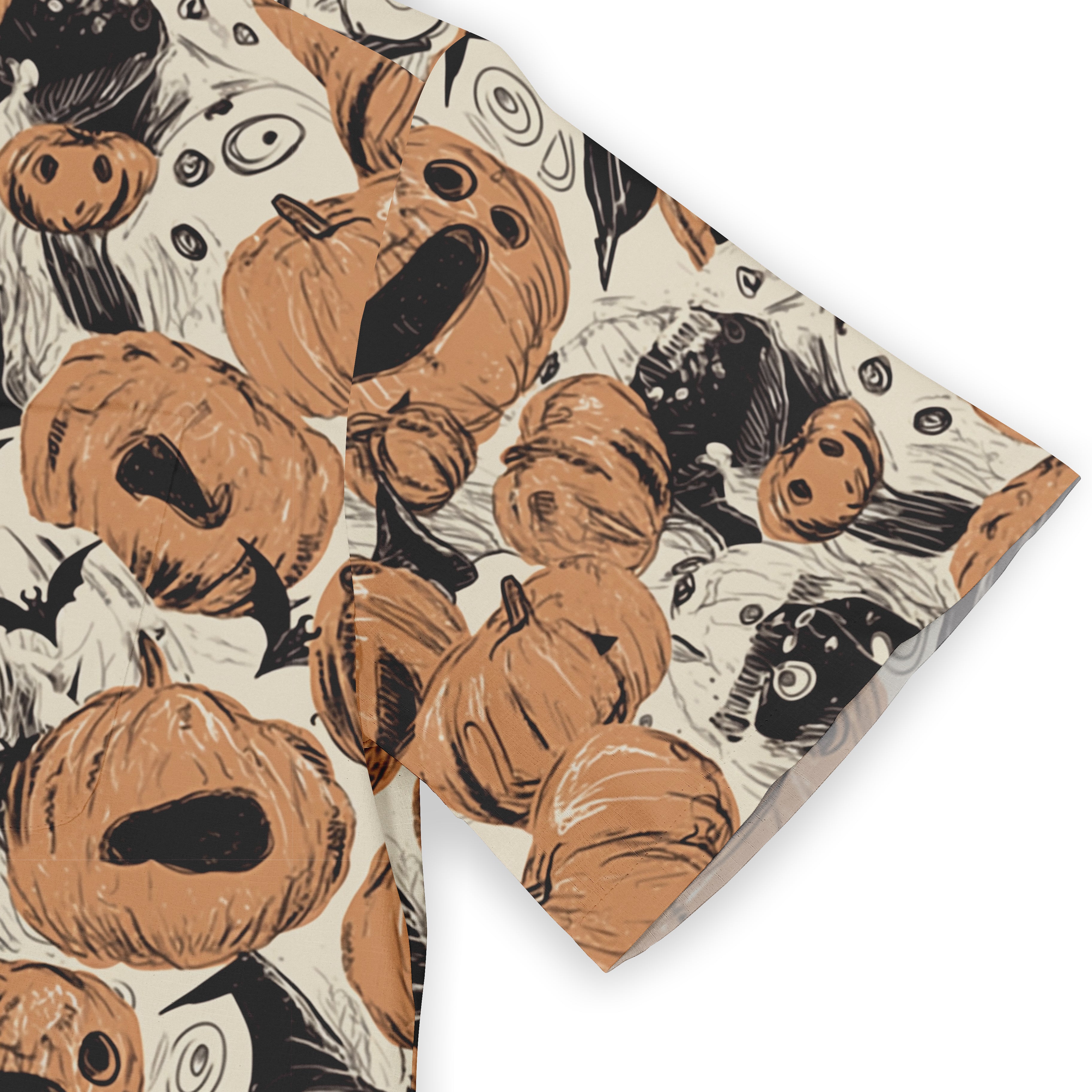 Halloween-themed fabric with pumpkins and bats design.