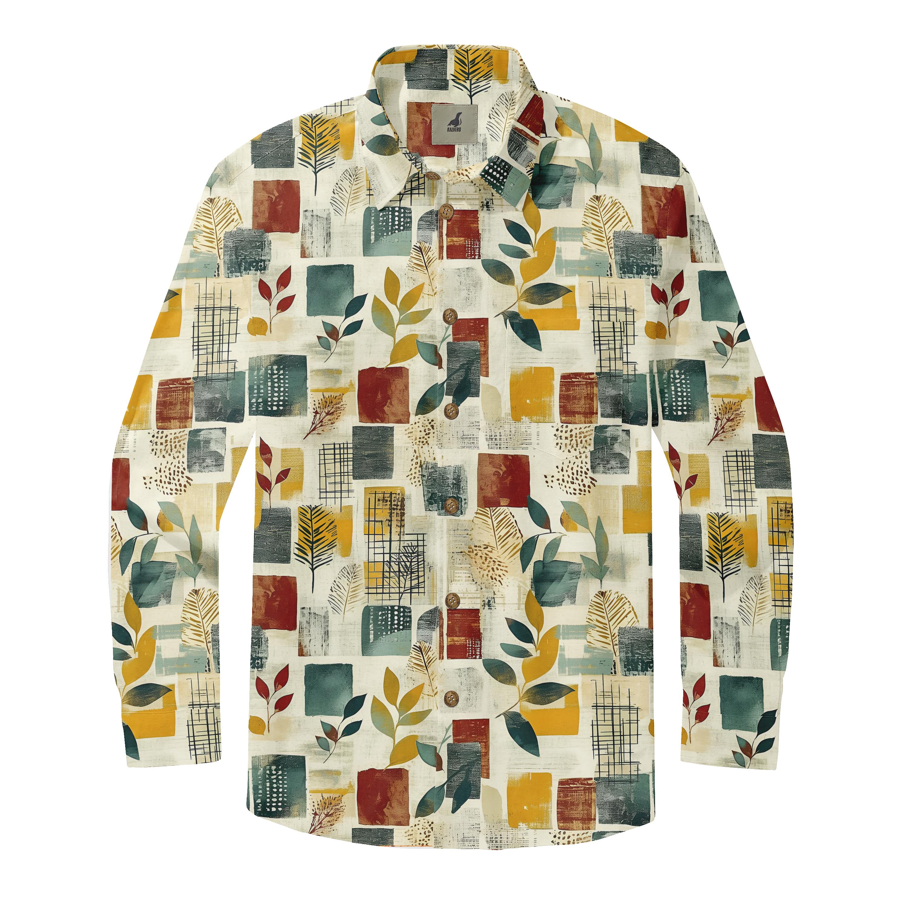 A patterned long-sleeve shirt with abstract squares, leaves.