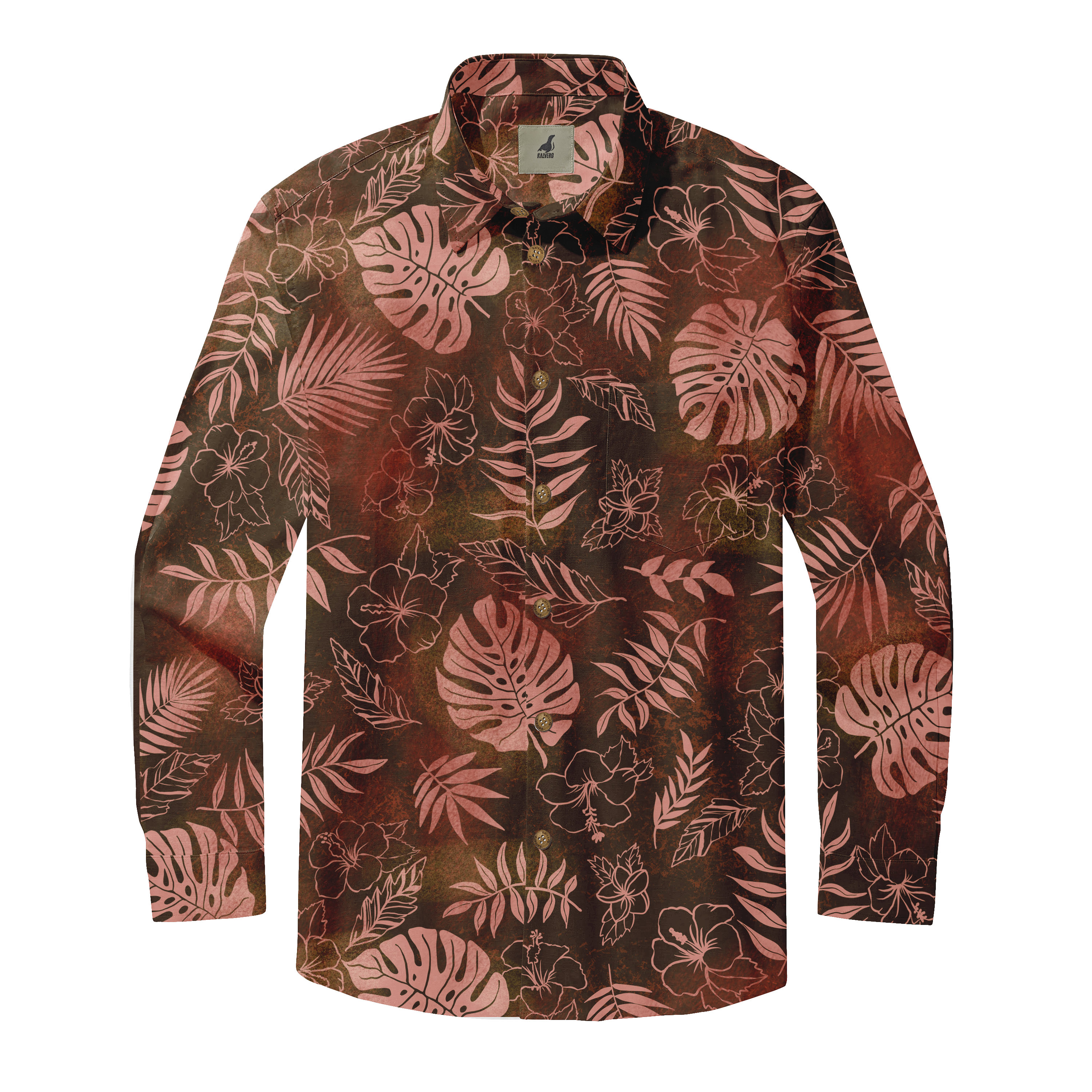 Brown long-sleeve shirt with pink tropical leaf and flower pattern.