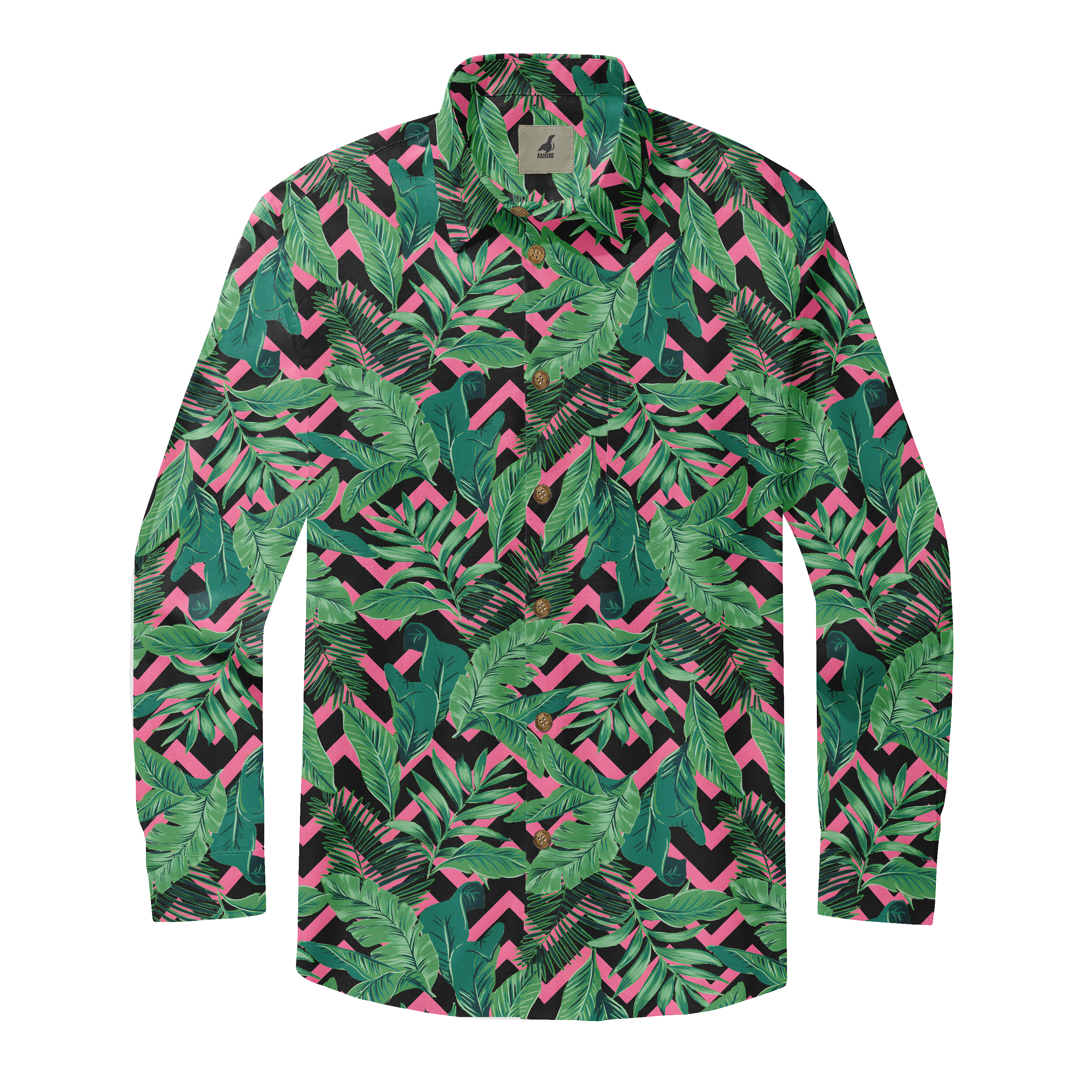Vibrant tropical shirt with green leaves on pink and black zigzag.