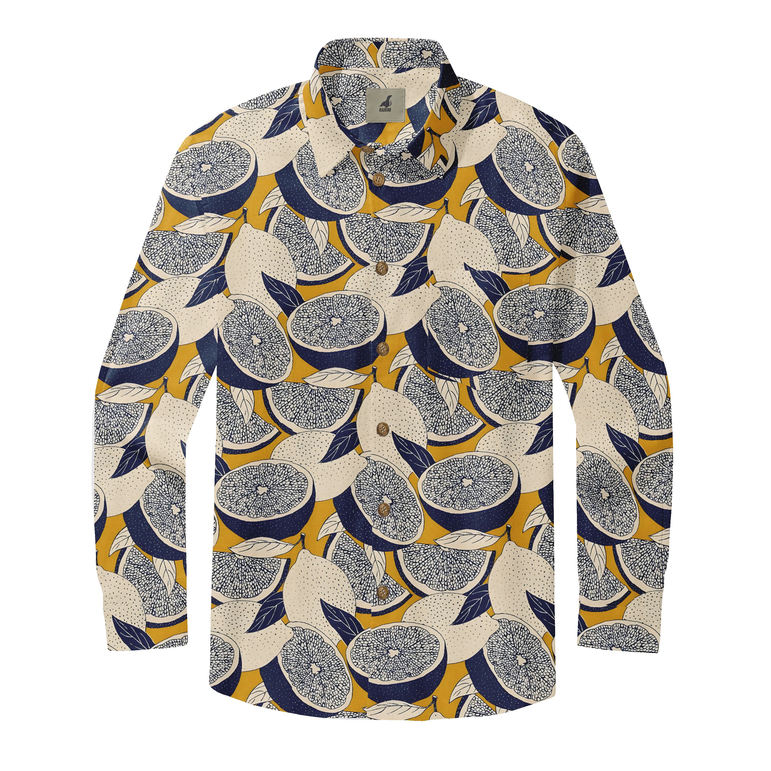 Yellow shirt with blue and white fig patterns.