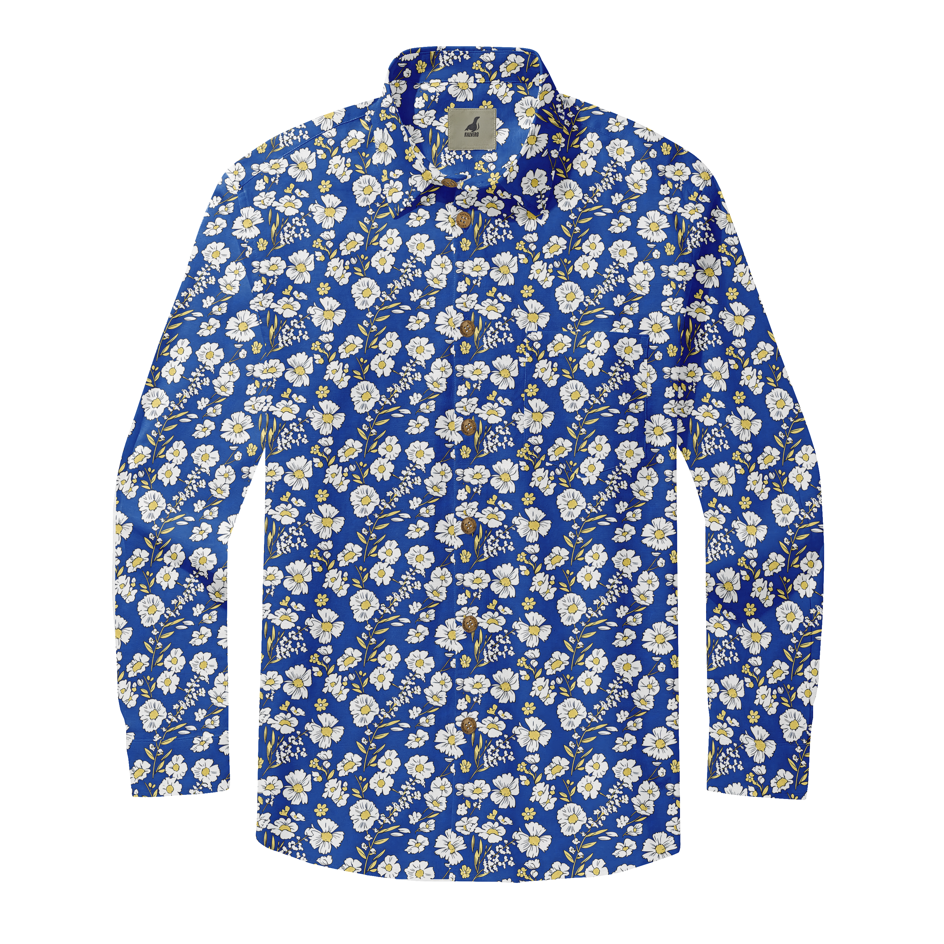 Blue long-sleeve shirt with white daisy floral pattern and brown.