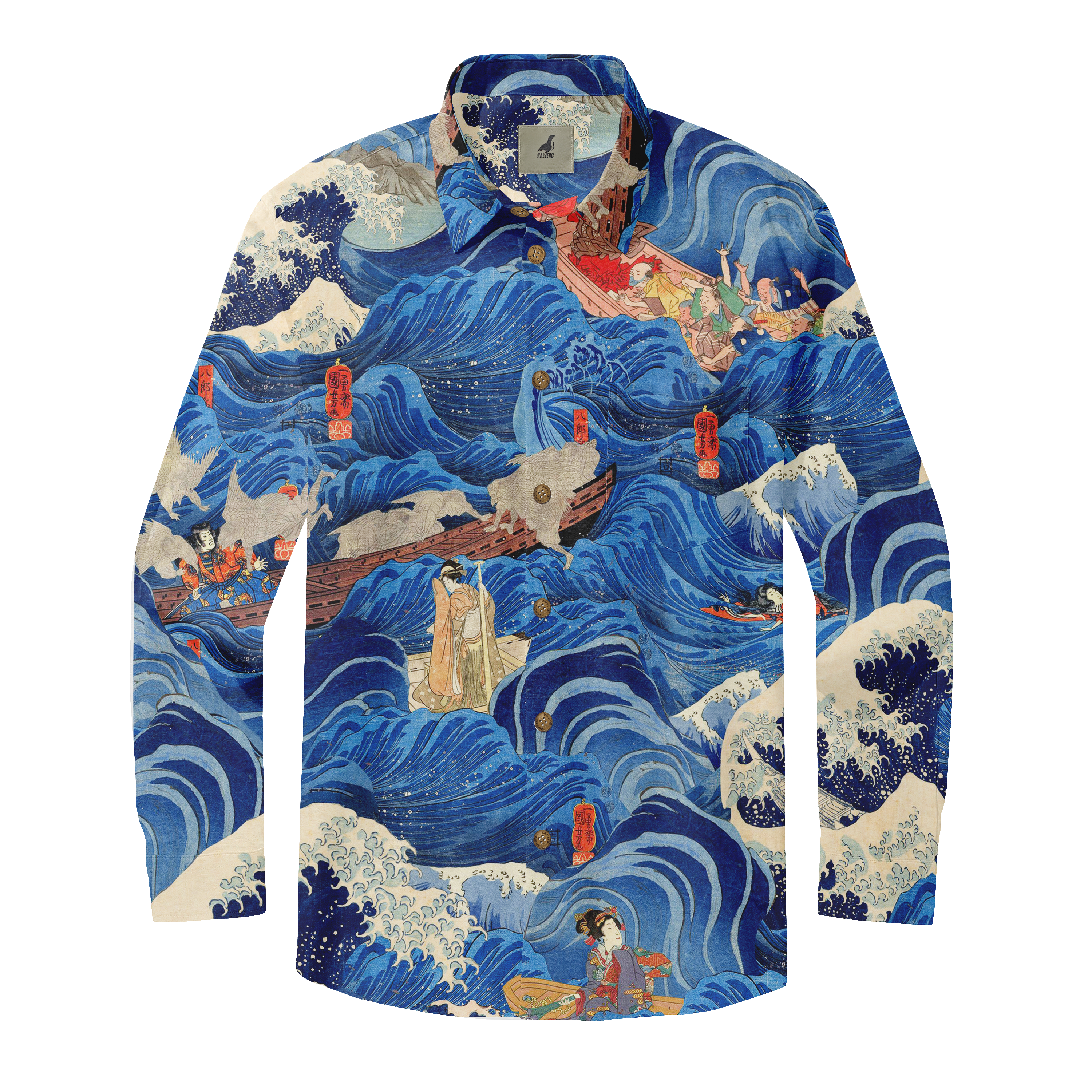 Blue wave art shirt with boats and figures.