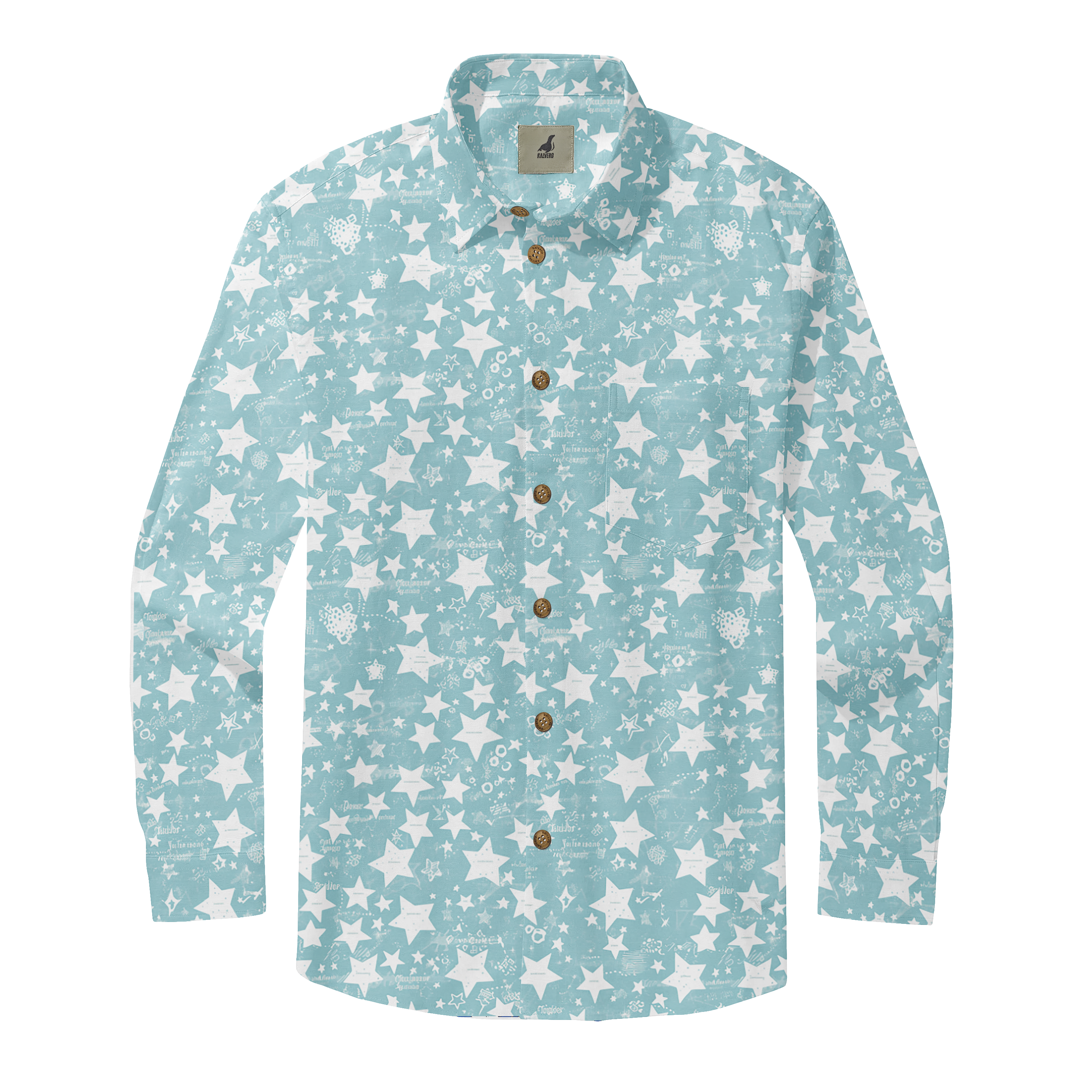 Light blue long-sleeve shirt with white star pattern and brown.