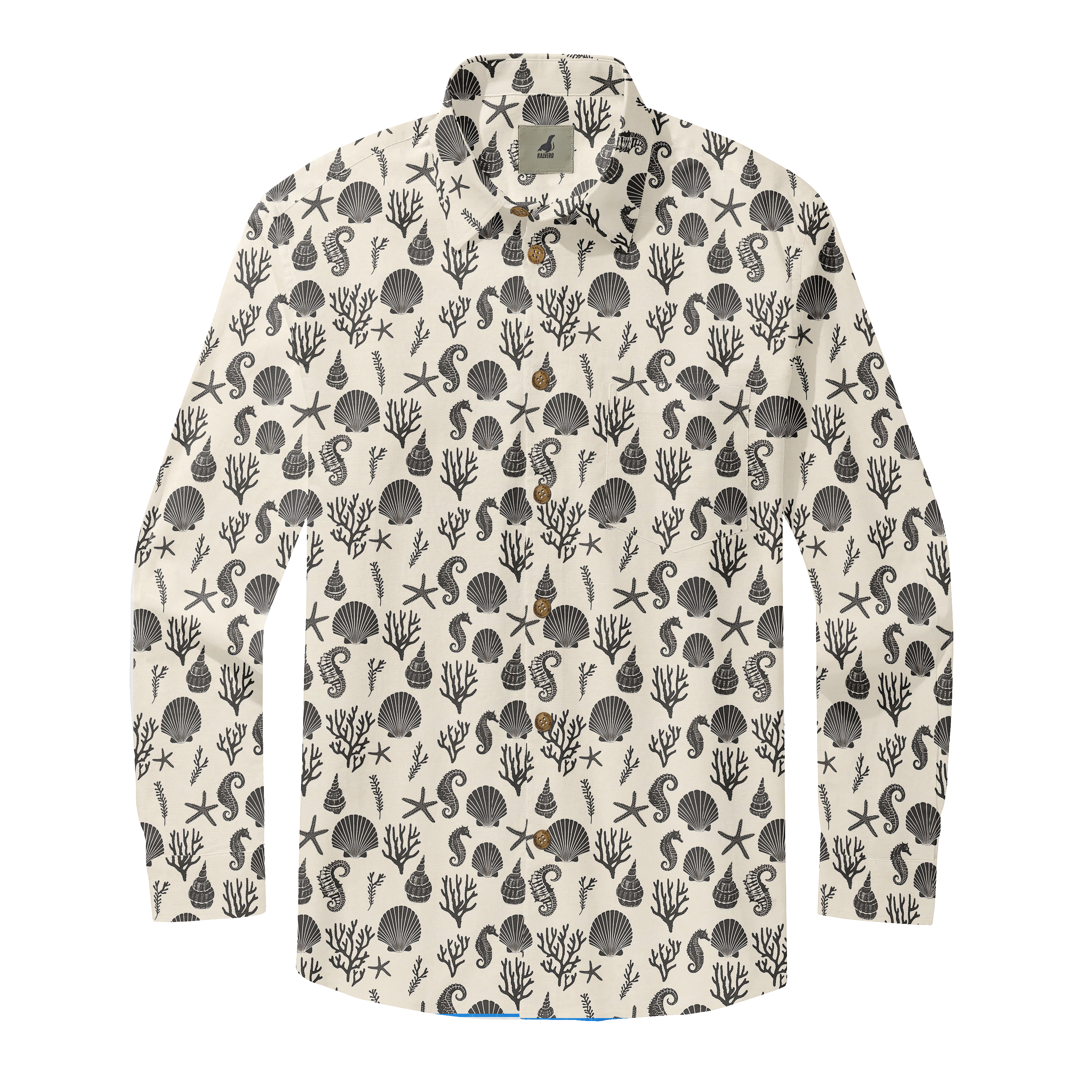 Cream shirt with black sea-themed print, featuring shells, starfish.