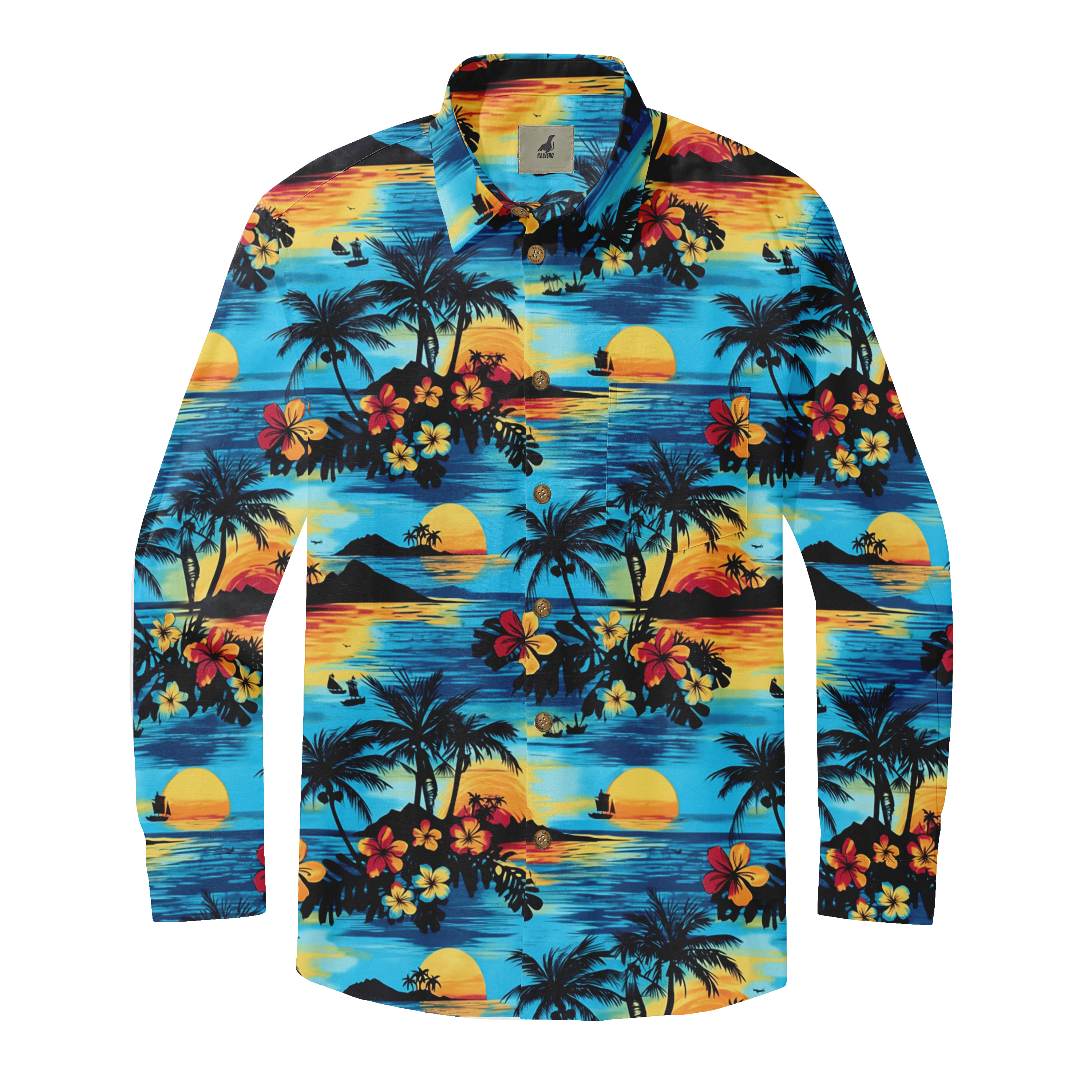 Vibrant tropical shirt with palm trees, sunset, and floral patterns.