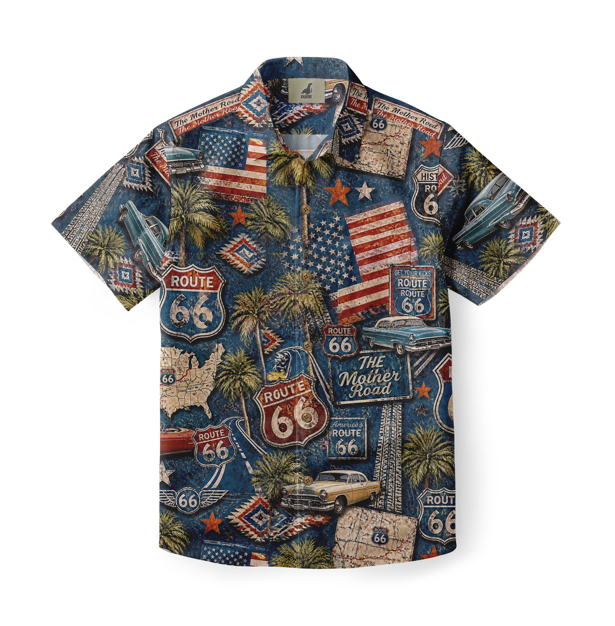 Men’s navy Route 66 Hawaiian shirt featuring vintage cars, American flags, highway shields, maps, and palm trees.