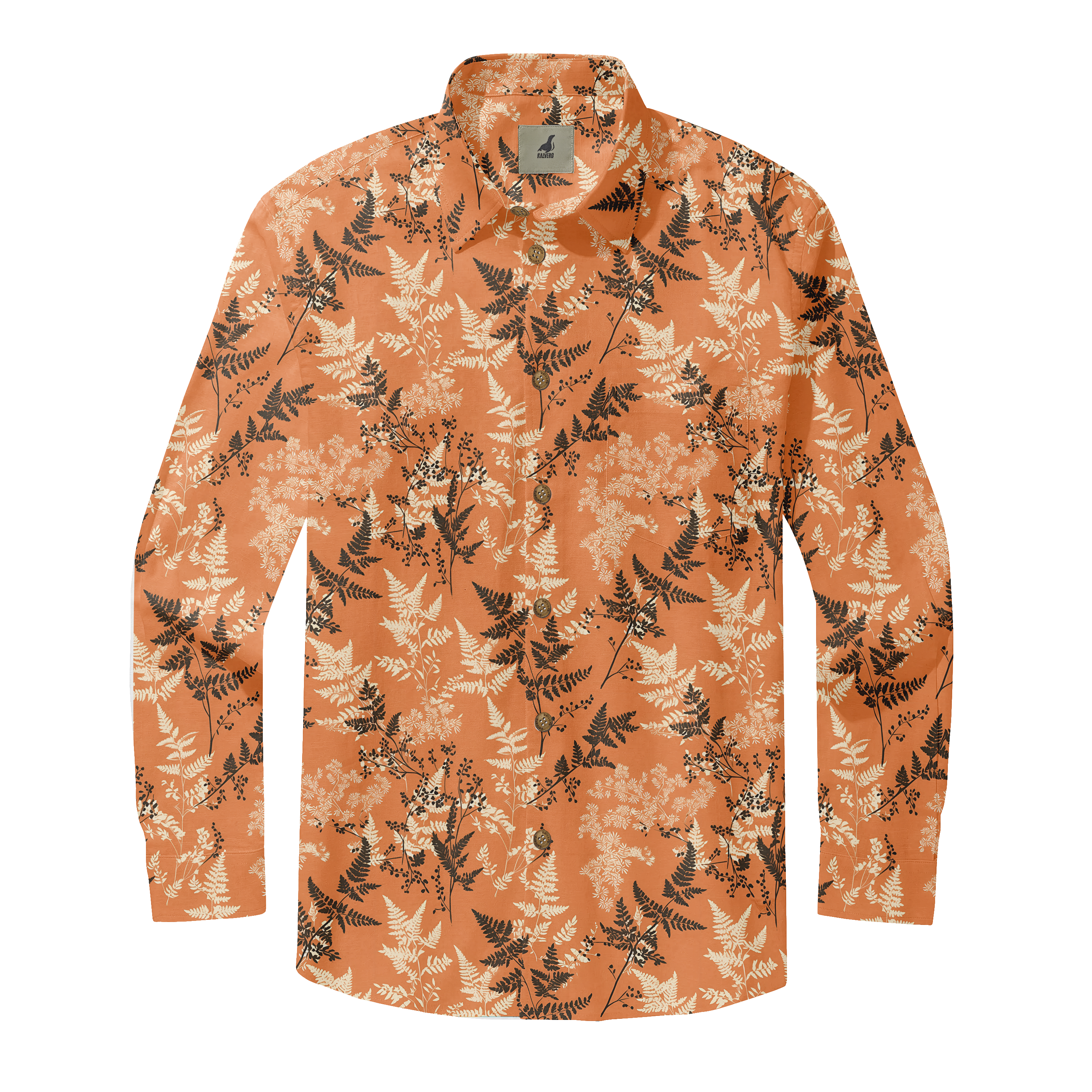 Orange long-sleeve shirt with fern and floral print, button-down.