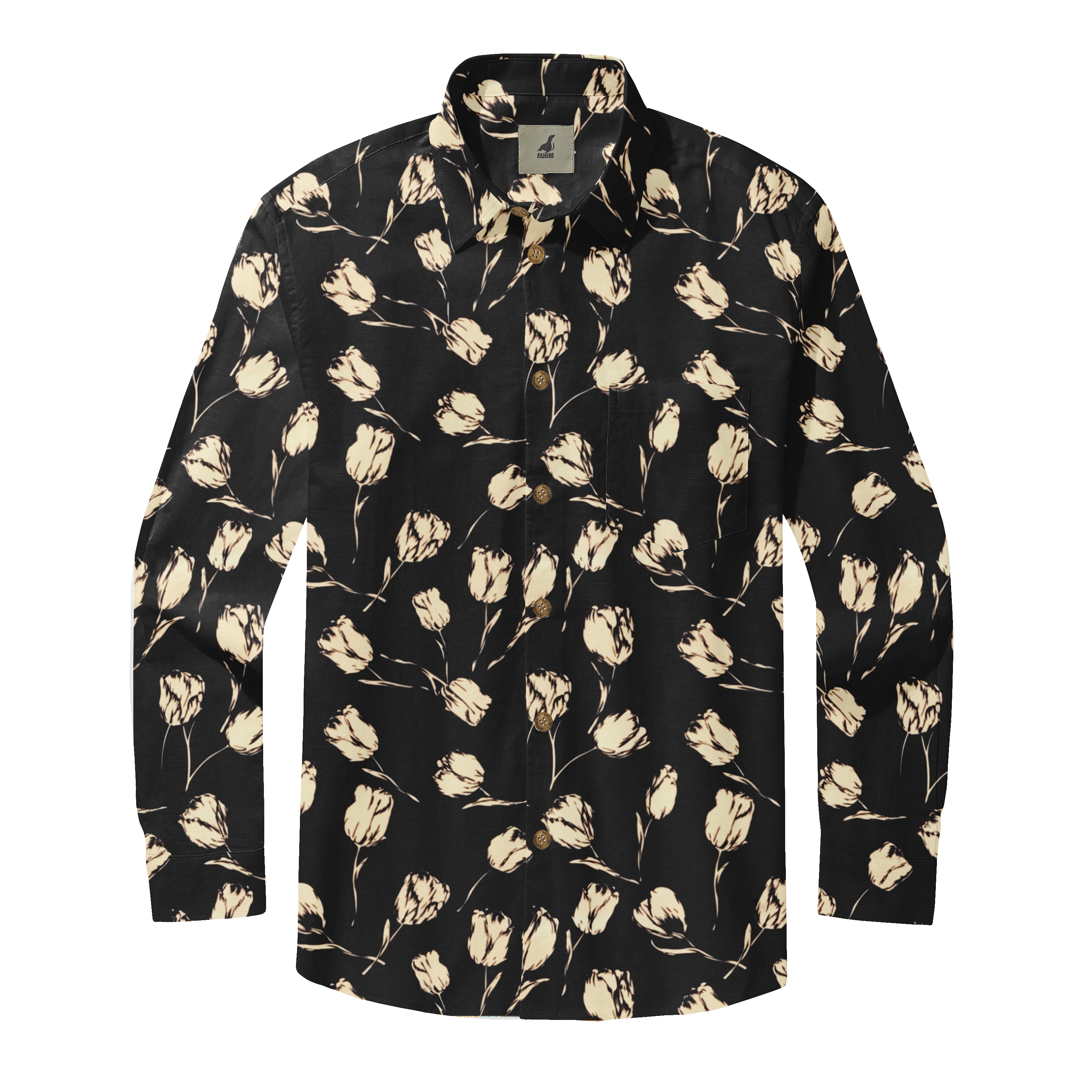 Black long-sleeve shirt with cream floral pattern and wooden buttons.