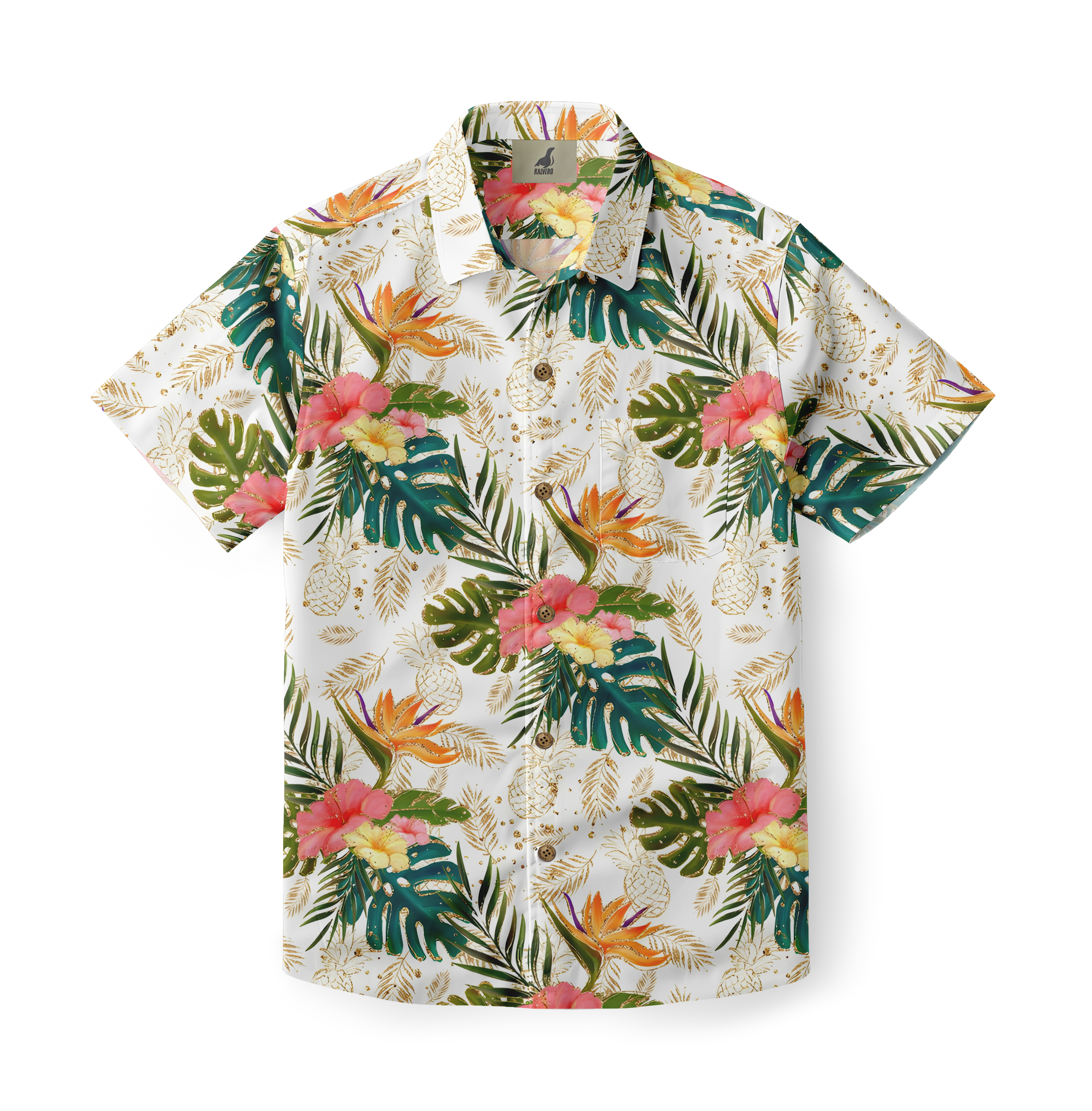 White shirt with tropical flowers and leaves print.