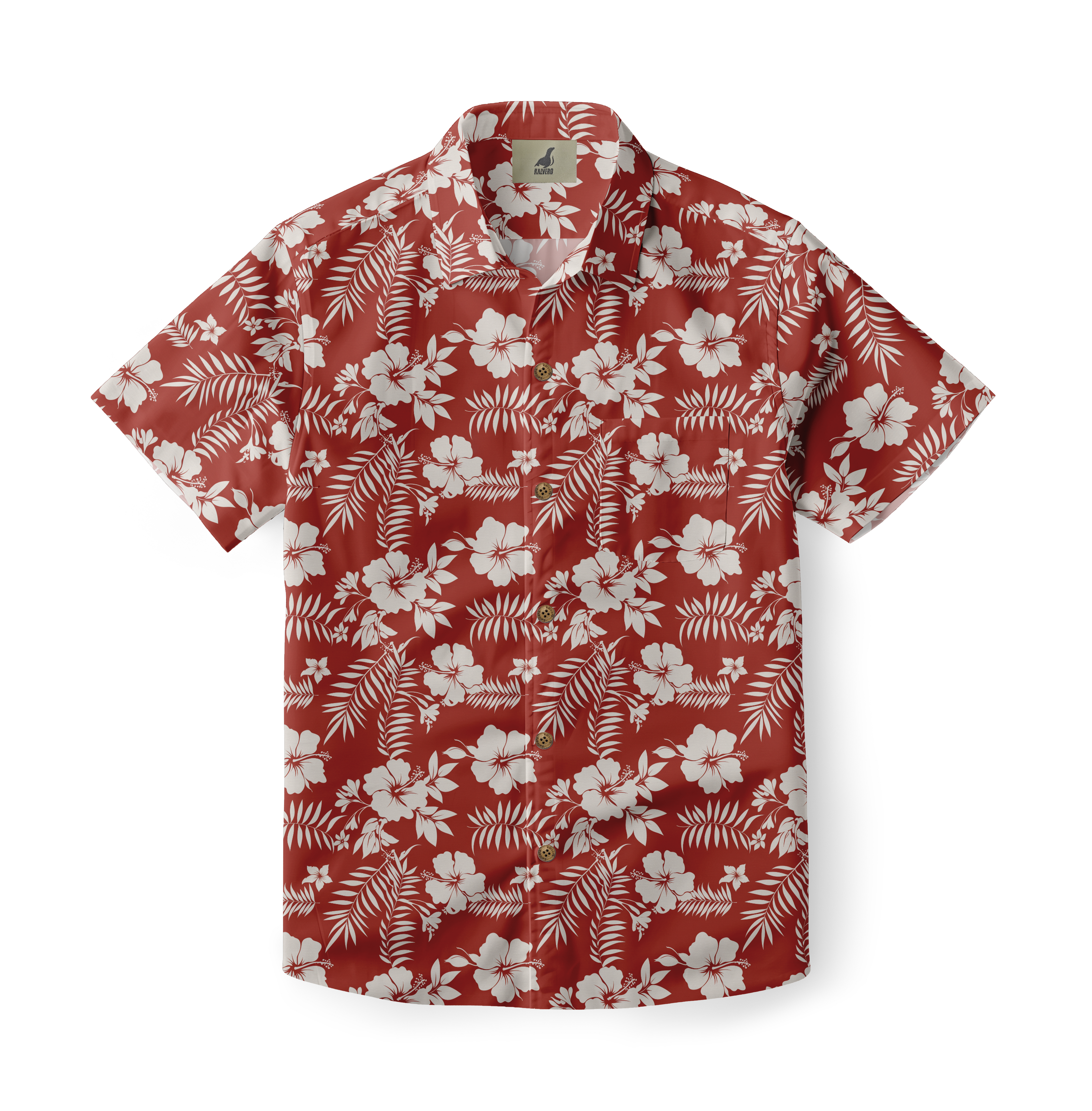 Red shirt with white floral pattern, short sleeves.