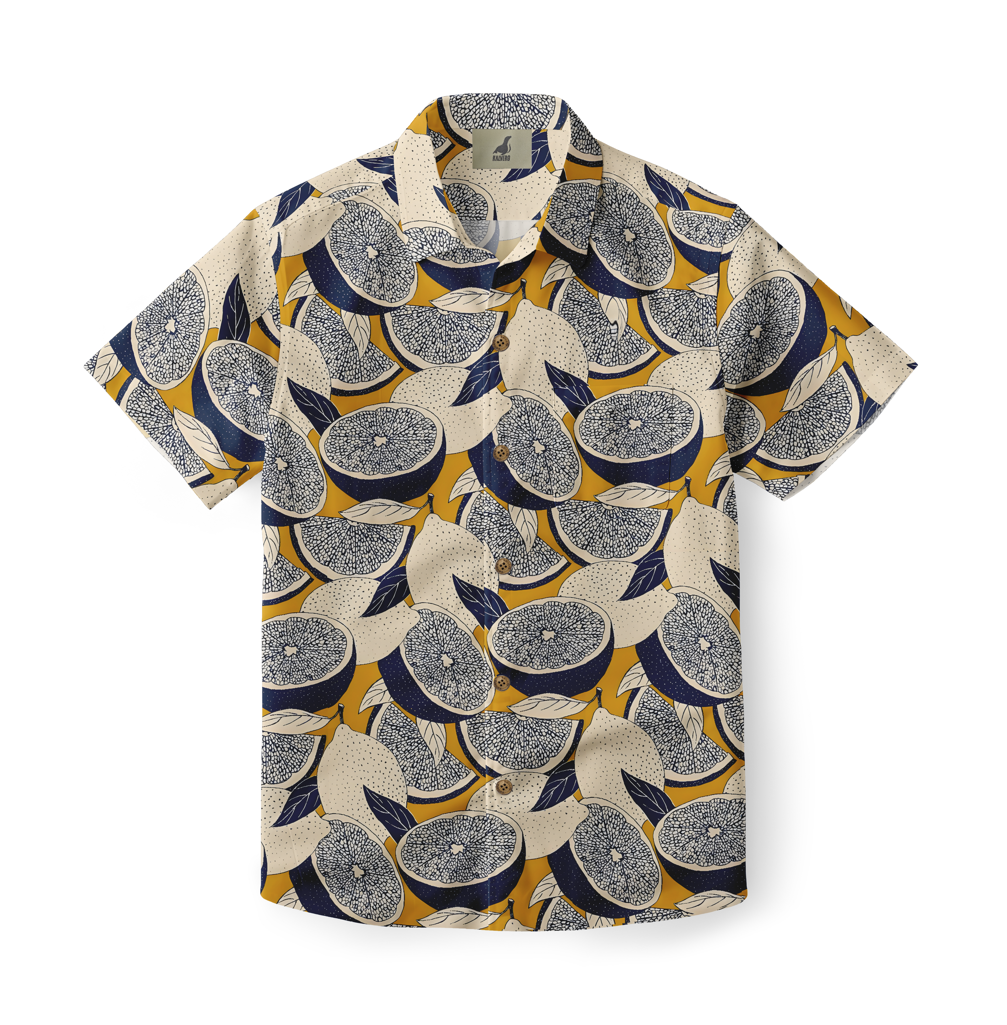 Short-sleeve shirt with citrus fruit print, yellow and blue.