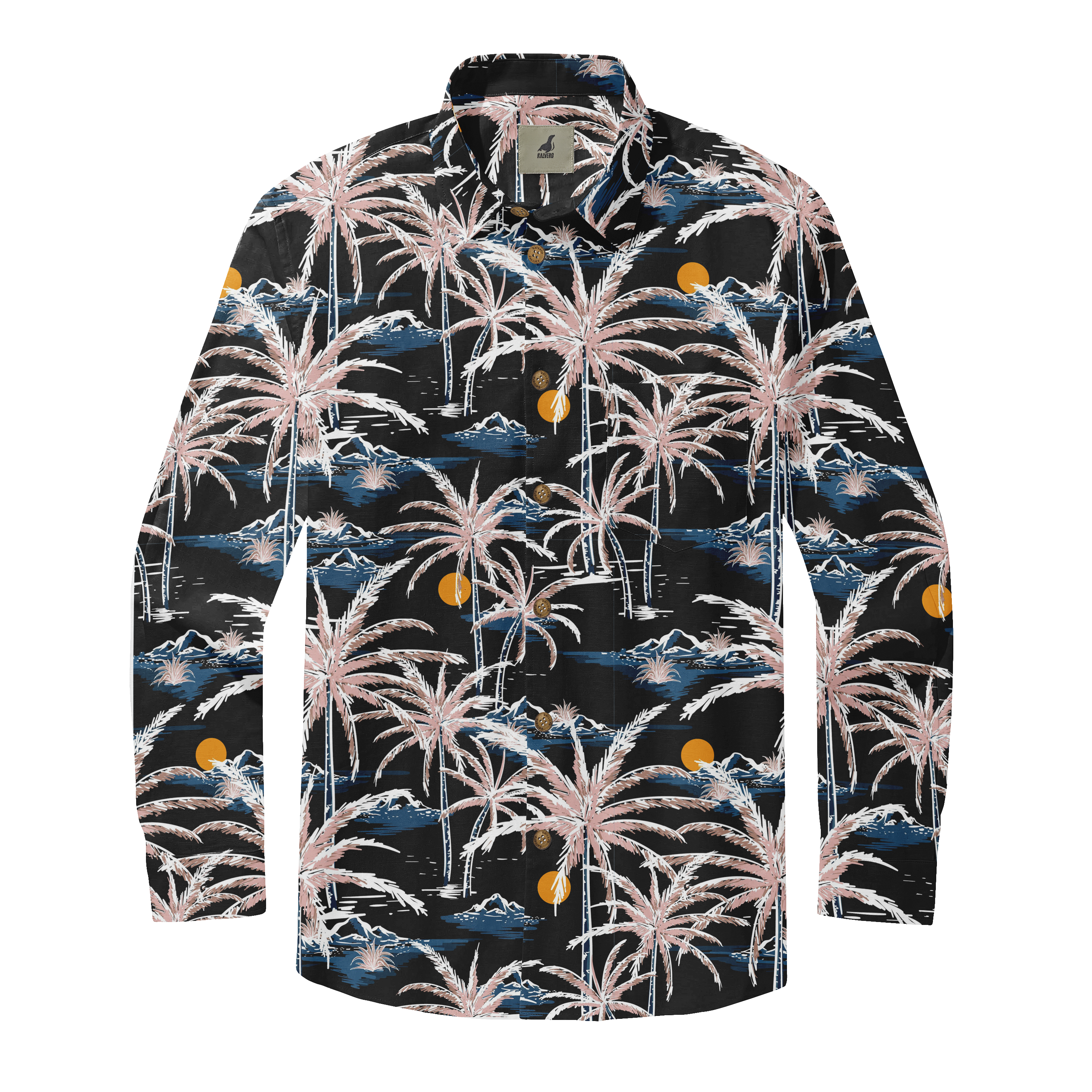 Black long-sleeve shirt with pink palm trees, blue waves, and orange.