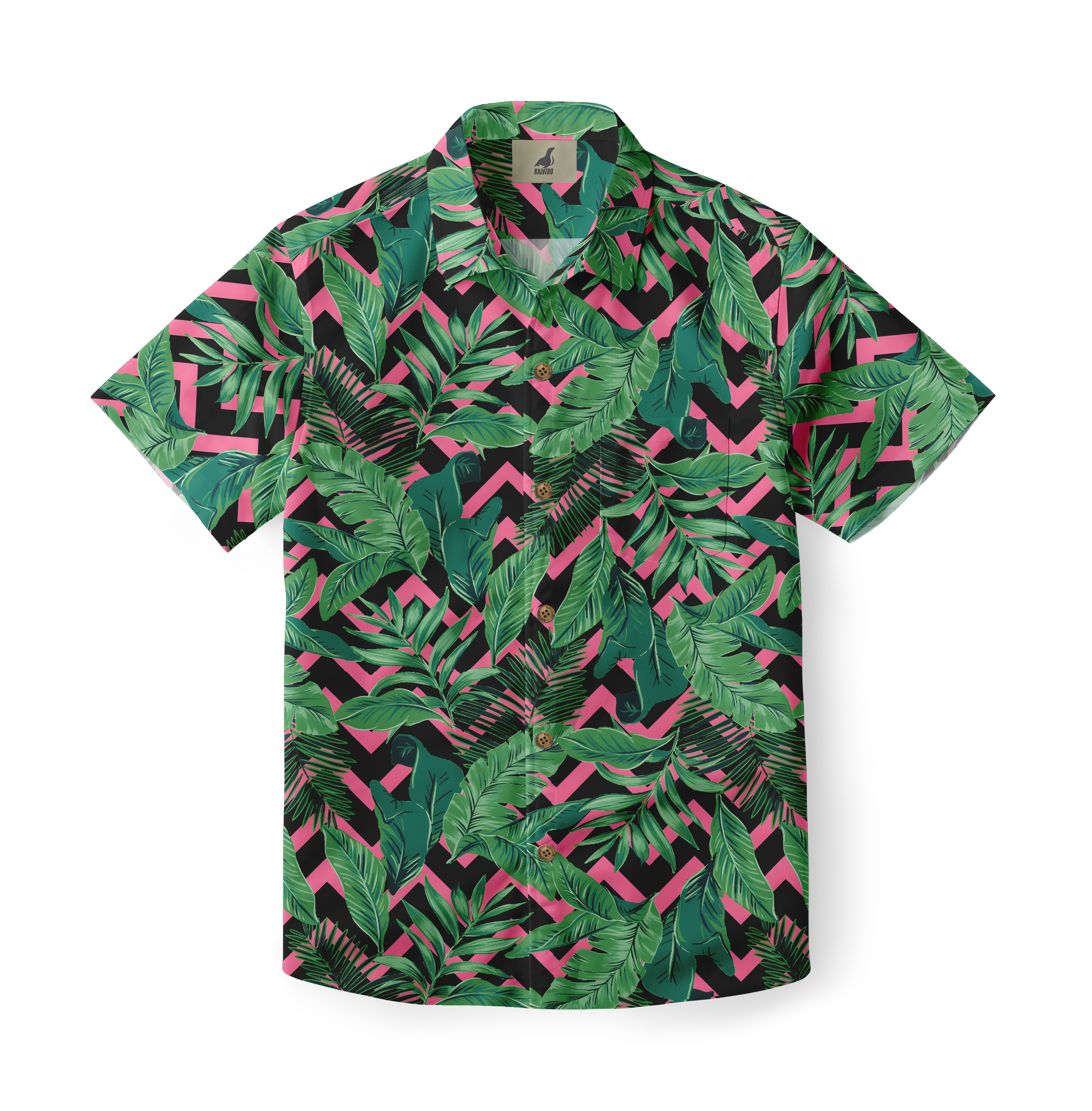 Vibrant tropical leaf print shirt with pink and black zigzag pattern.