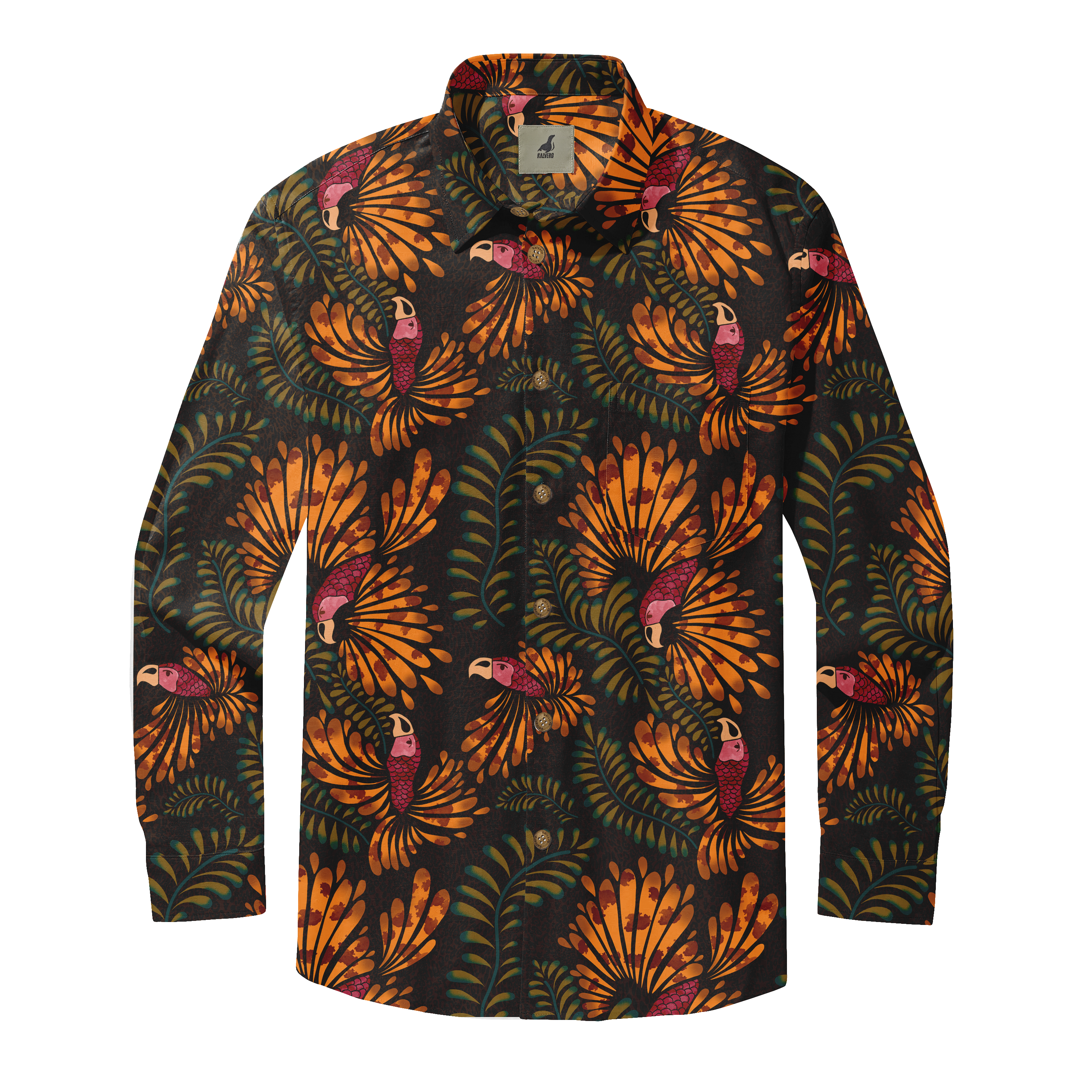 Vibrant tropical shirt with parrot and leaf pattern on dark.