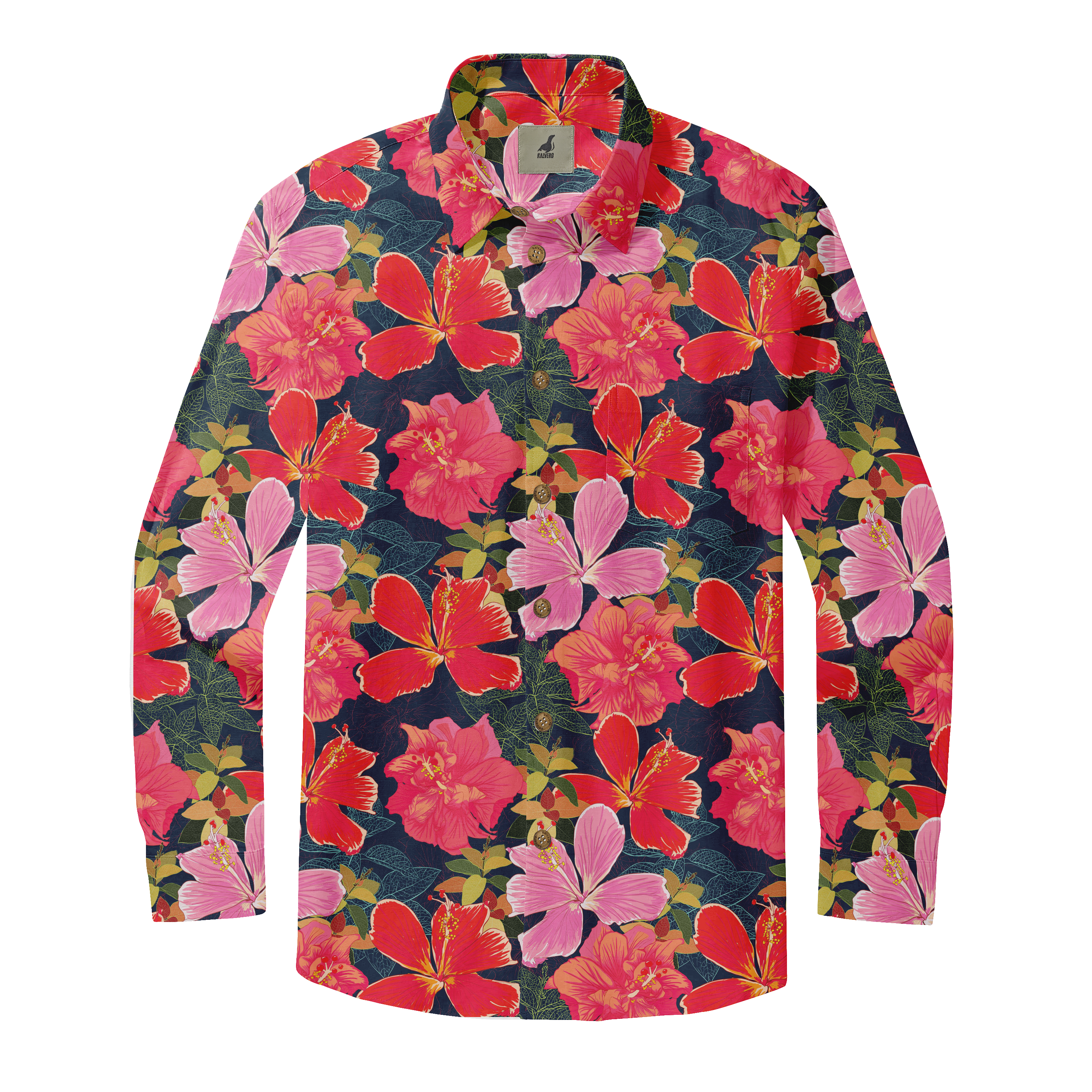 Floral shirt with red and pink flowers on dark background.