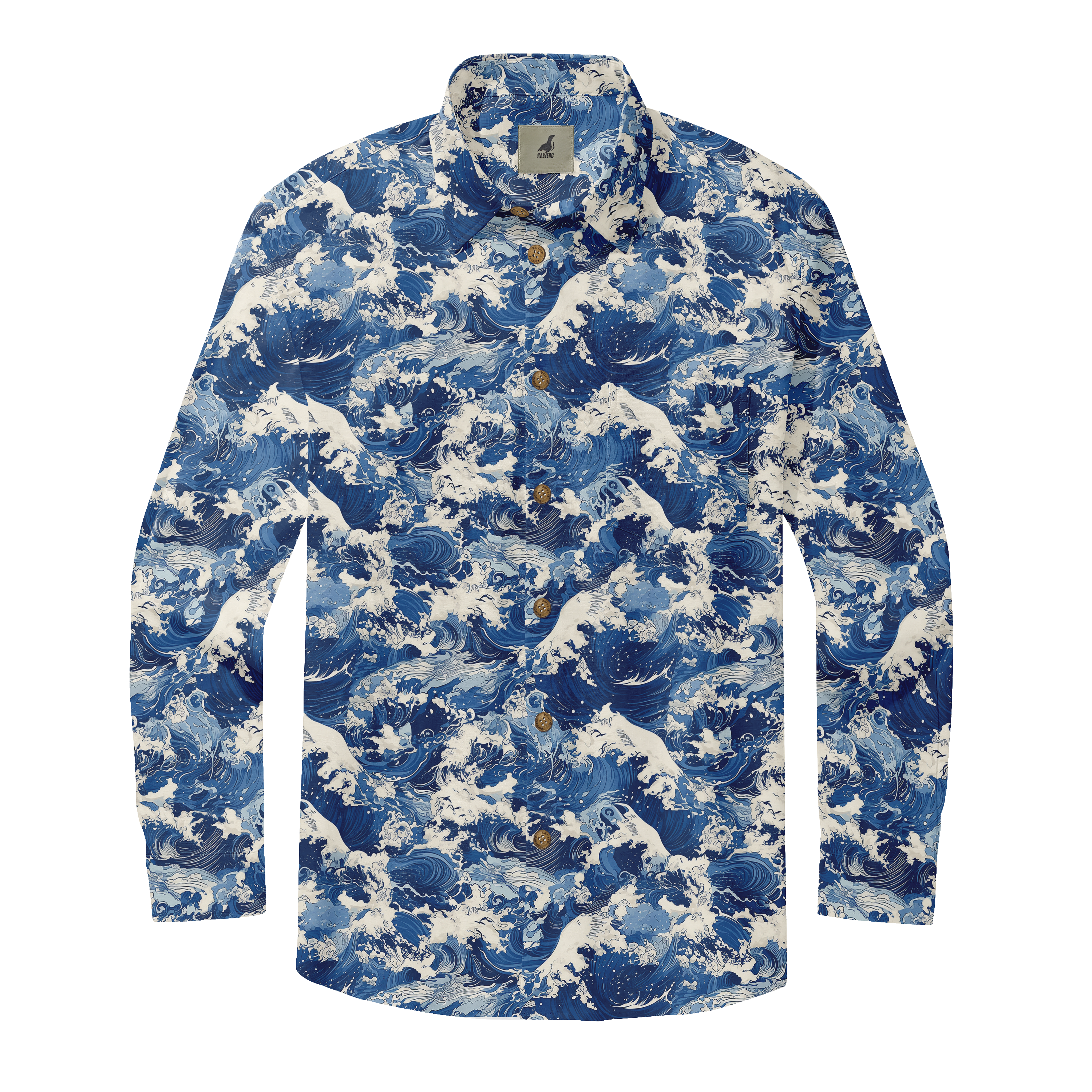 Blue wave pattern shirt with white foam design.