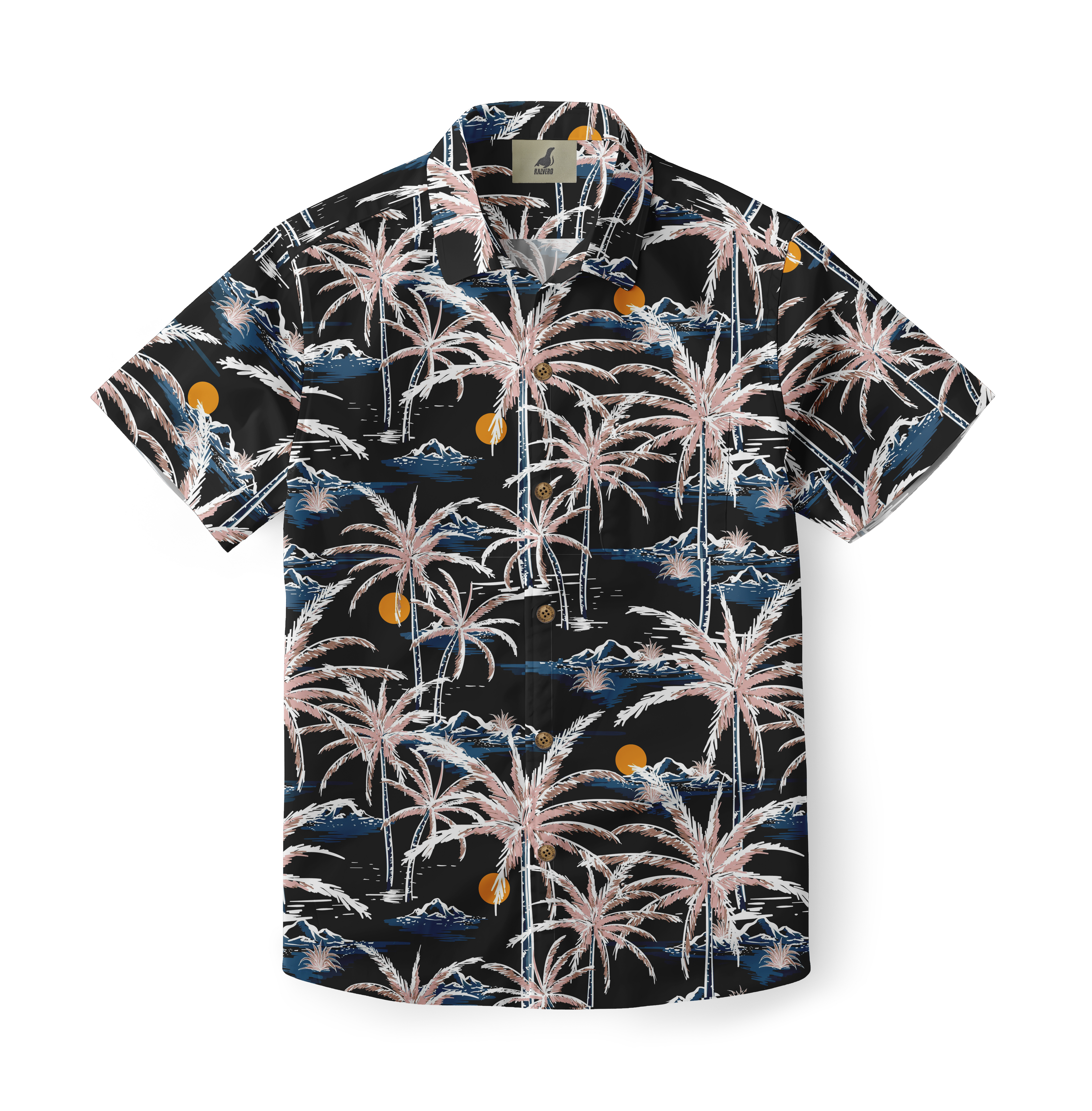 Black Hawaiian shirt with pink palm trees, blue waves, and orange.