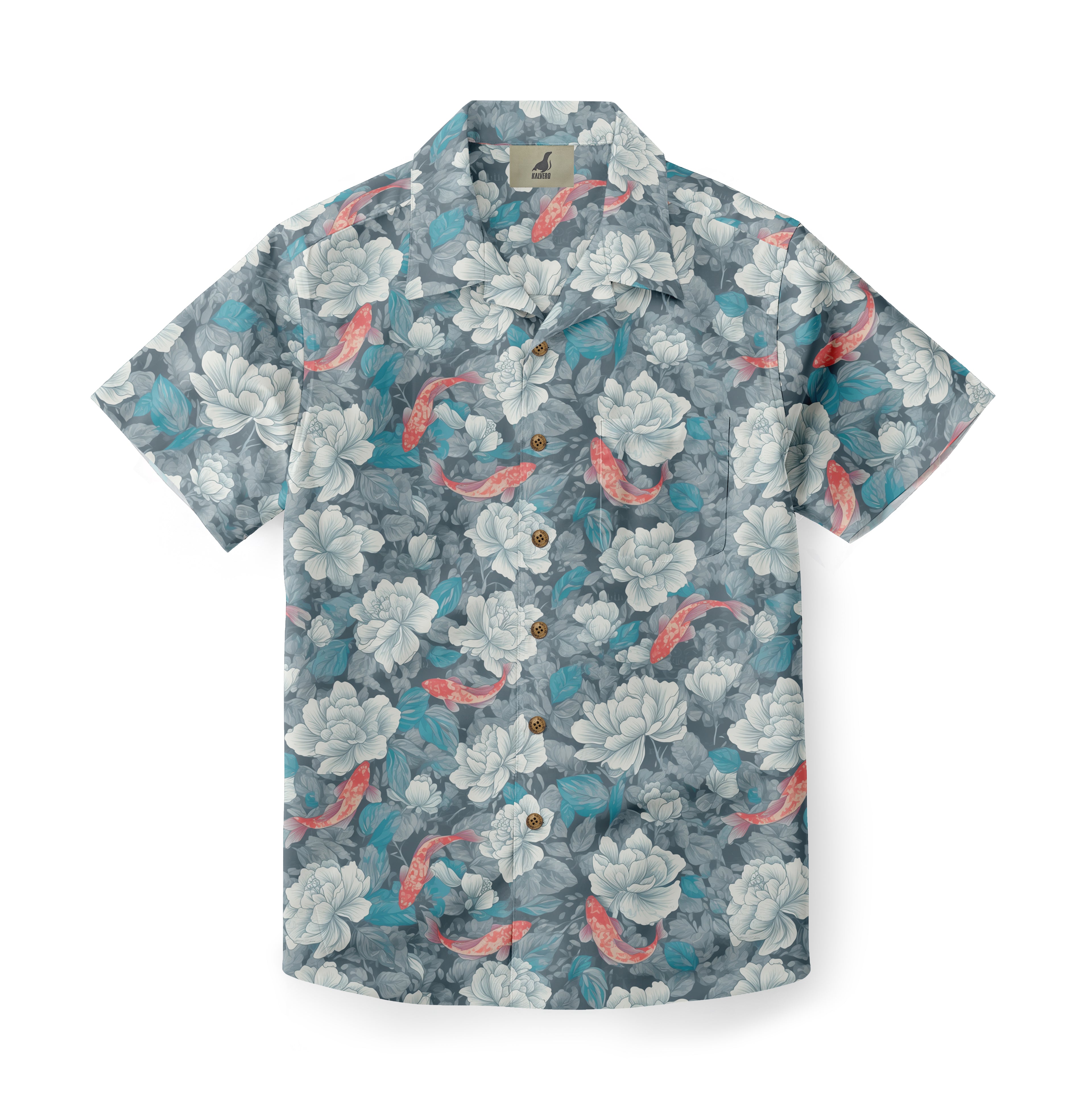A floral-patterned short-sleeve shirt with white flowers, blue.