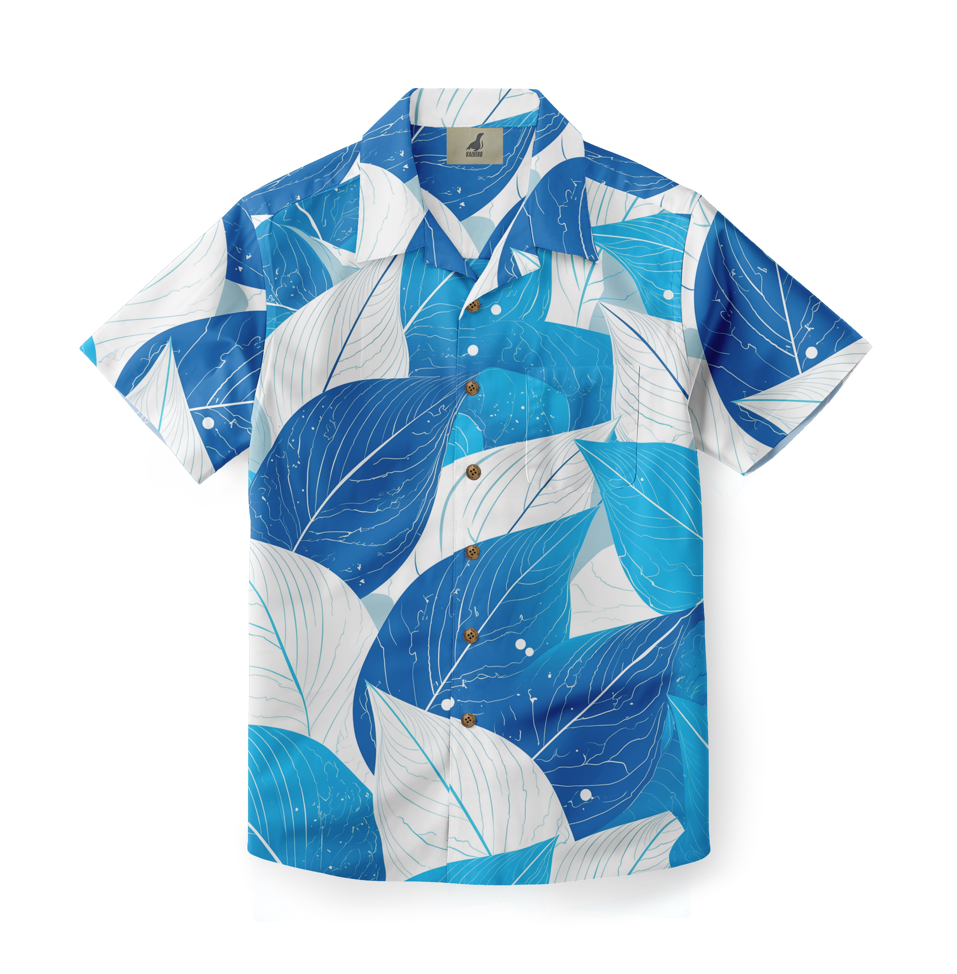 Blue and white leaf-patterned short-sleeve shirt with wooden buttons.